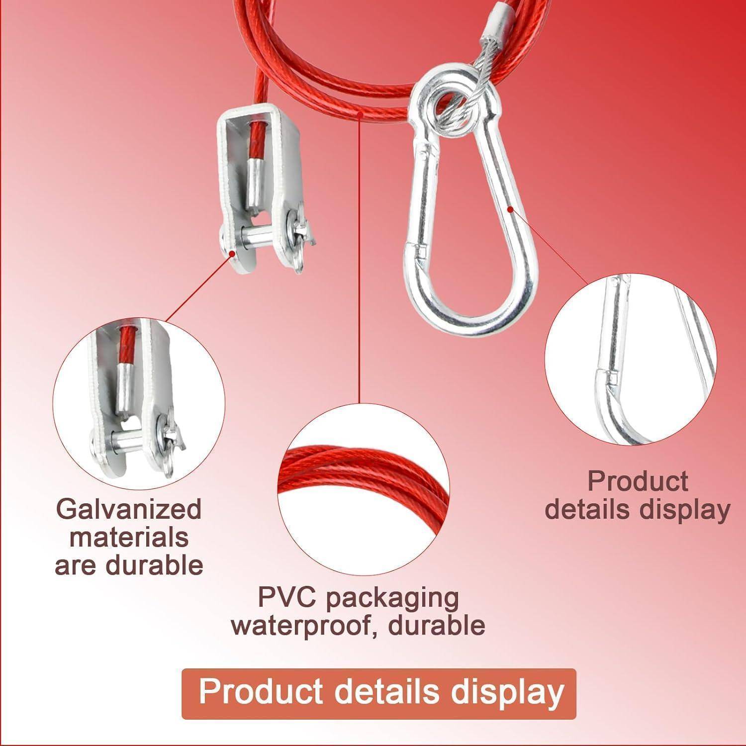 Produktdetails für ein rotes Drahtseil-Hebezug mit verzinkten Metallklemmen; Beschriftungen weisen auf langlebige Materialien und wasserdichte PVC-Verpackung hin.
