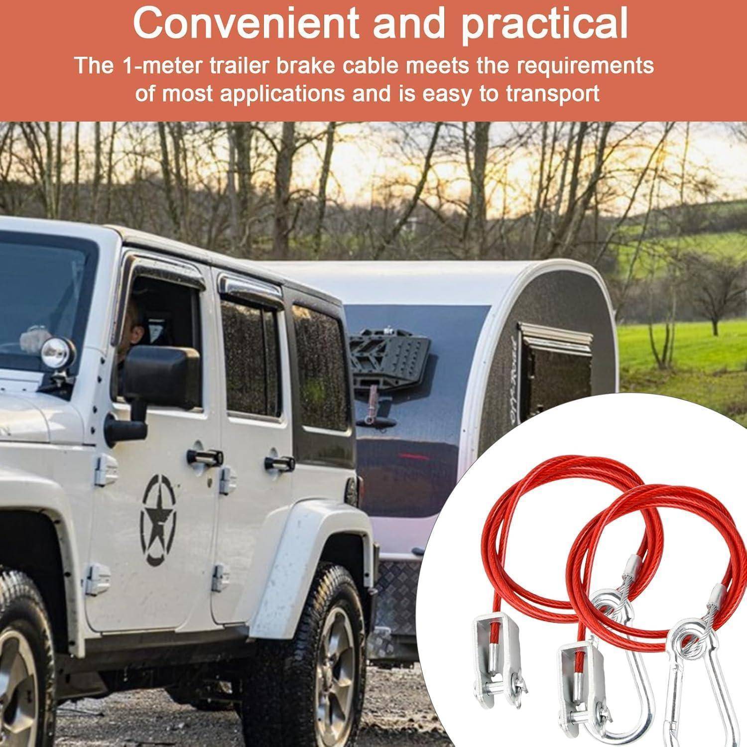 Anhängerbremskabel-Produktbild mit einem roten 1-Meter-Kabel mit Metallclips, daneben ein Jeep, der einen Anhänger zieht.