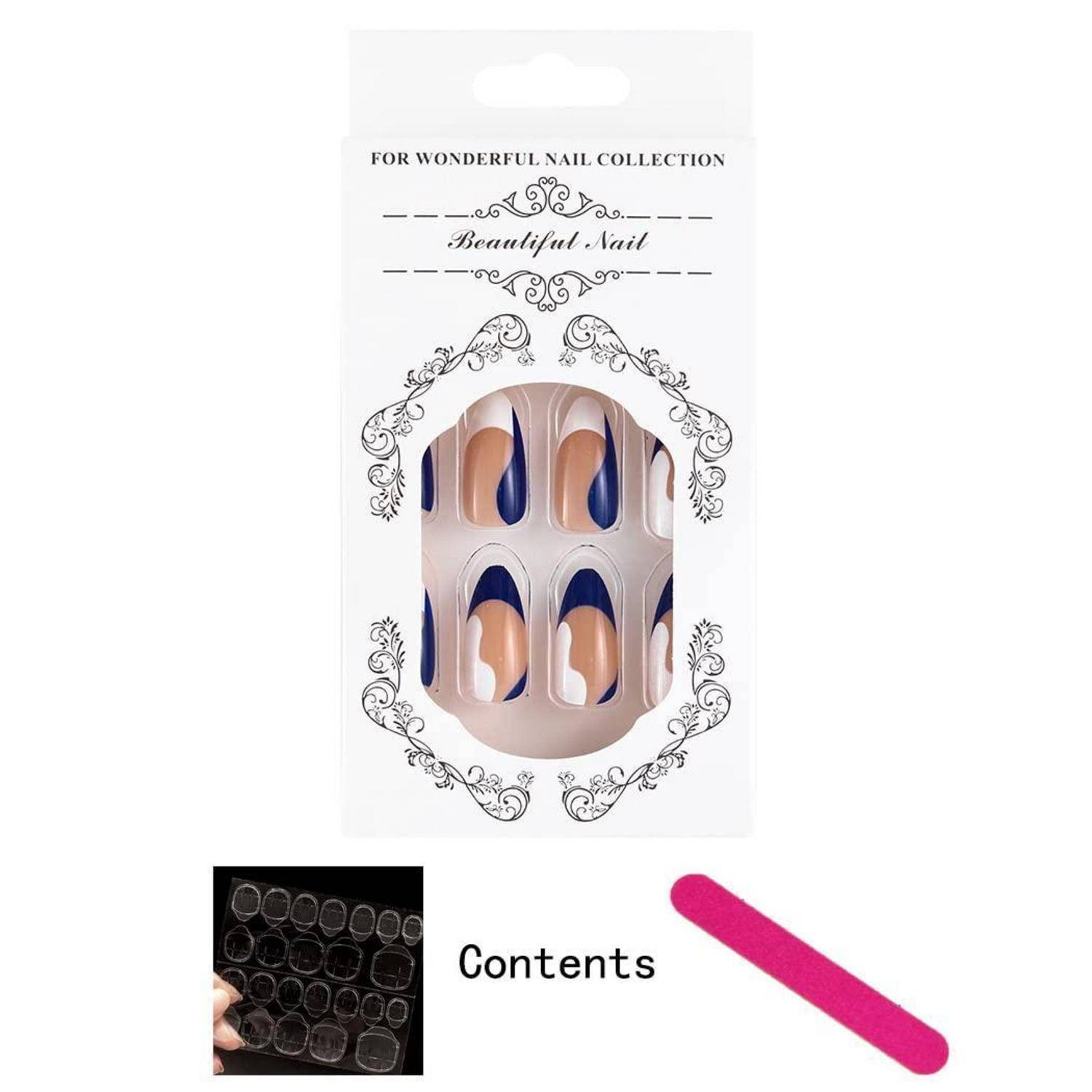 Packung mit dekorativen künstlichen Nägeln in nude- und marineblauen ovalen Designs, mit der Bezeichnung „For Wonderful Nail Collection