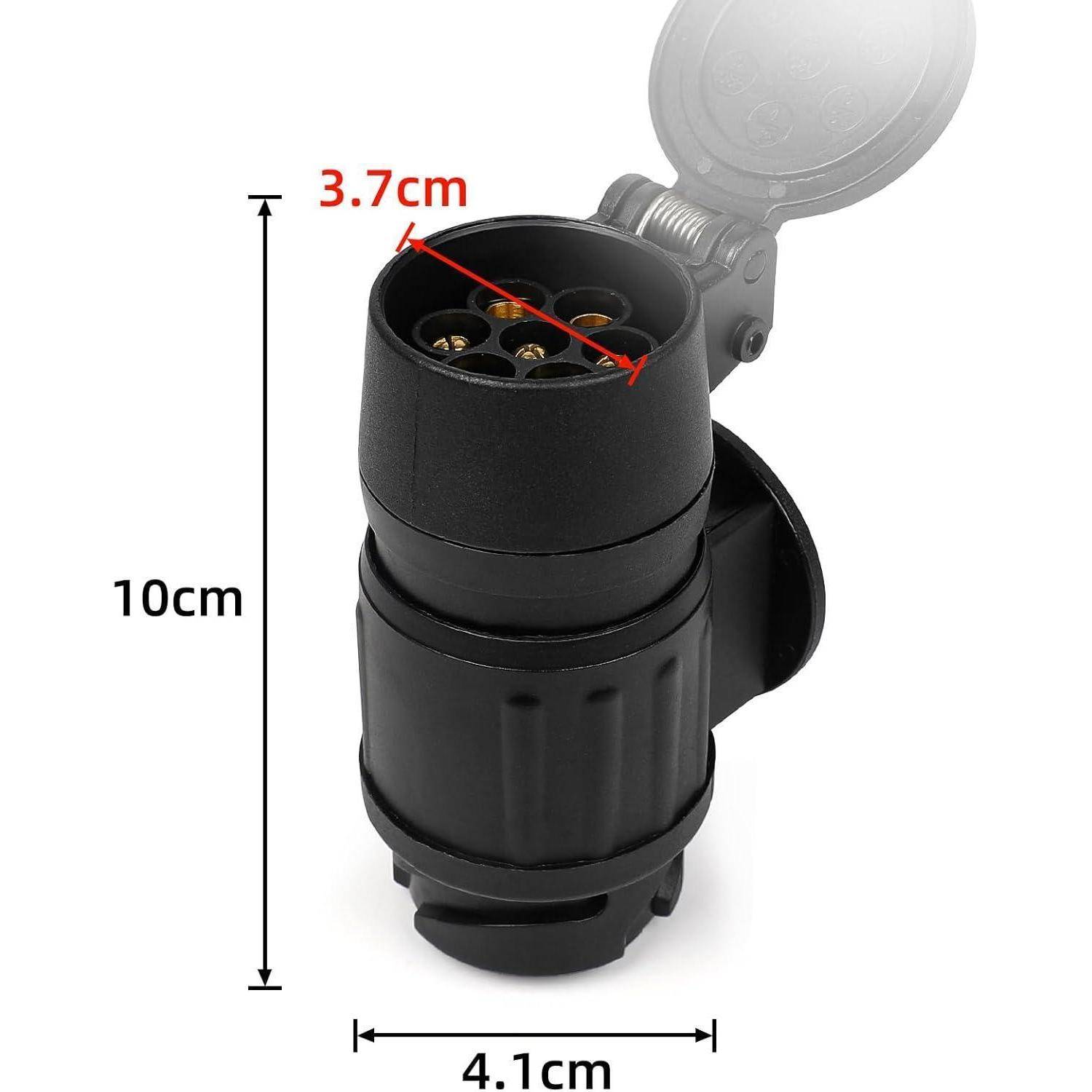 Schwarze 7-polige Anhänger-Elektrosteckdose mit Scharnierkappe; Abmessungen: 10 cm Höhe, 4,1 cm Breite und 3,7 cm Breite oben.
