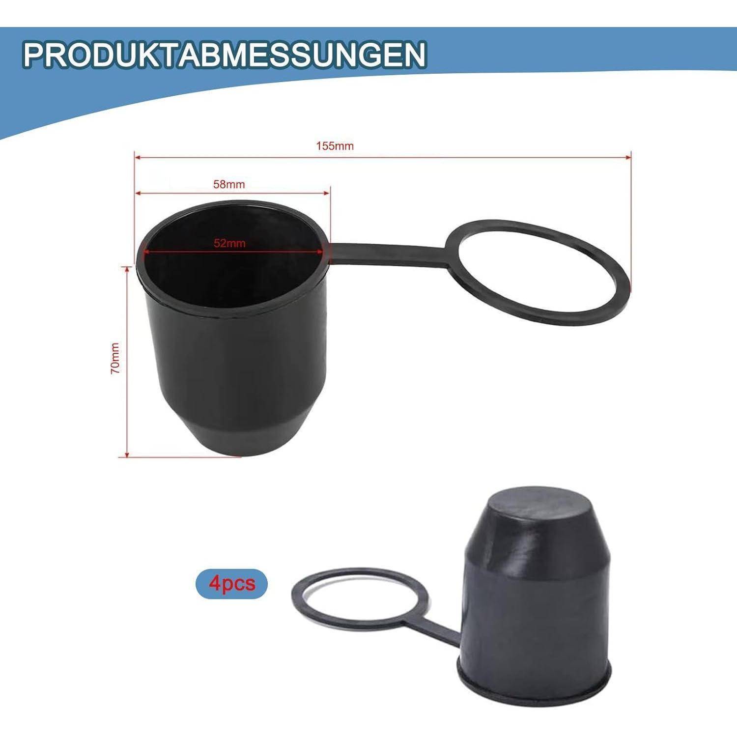 Produktdimensionsdiagramm einer schwarzen Kunststofftasse mit angebrachtem Ringgriff, beschriftet mit 155mm Länge, 70mm Höhe, 58mm Breite und 52mm Öffnung; enthält '4er-Set'.