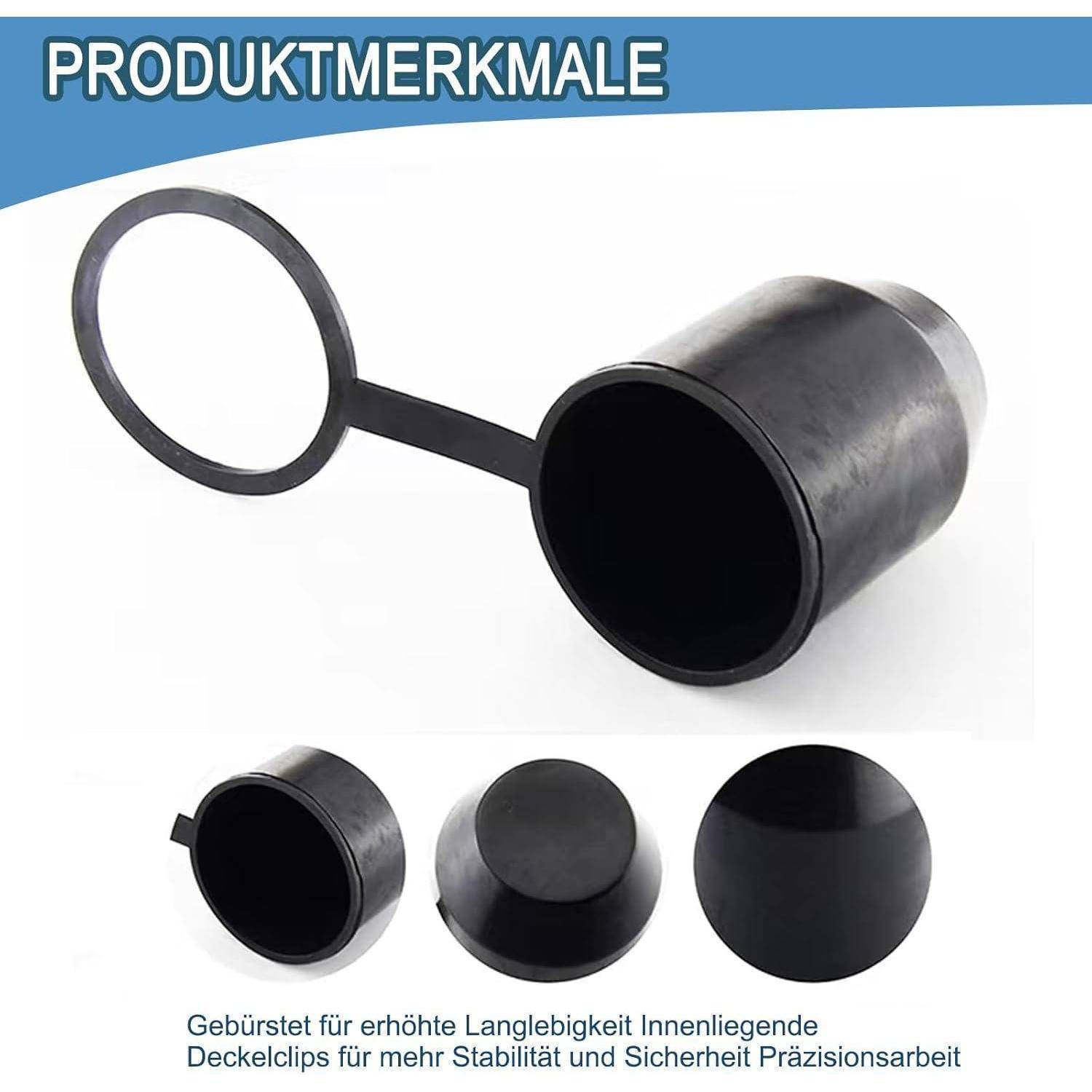 Schwarze Kunststoffschutzkappe mit angebrachtem Zugring, dargestellt in mehreren Ansichten; der Text erwähnt „PRODUKTMERKMALE