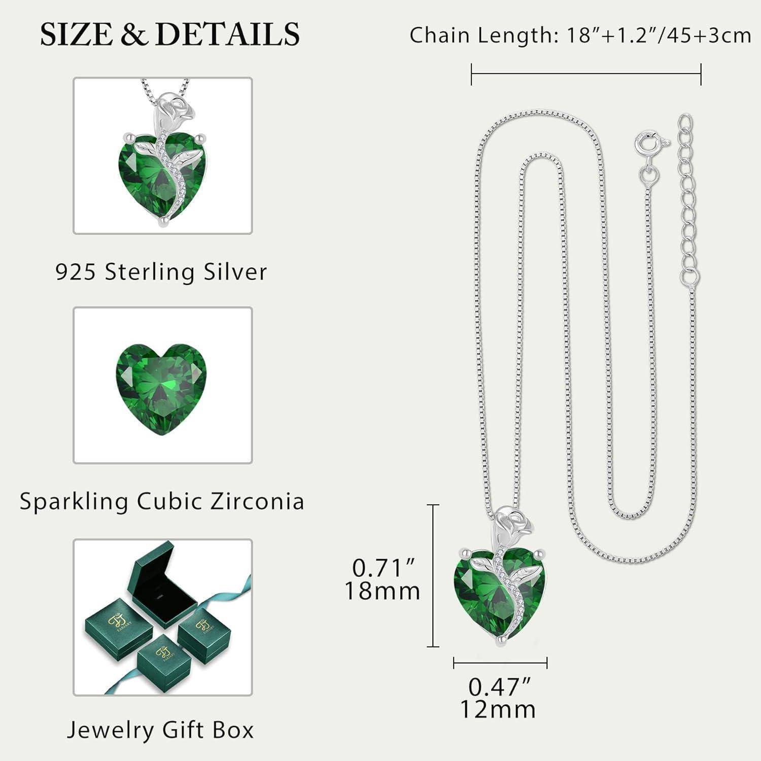 Produktgrößendetails für eine grüne Herz-Anhänger-Halskette: 18+1,2 Zoll Kette, 18 mm Anhänger, 12 mm breit, 925er Sterlingsilber, Zirkonia, Geschenkbox enthalten.