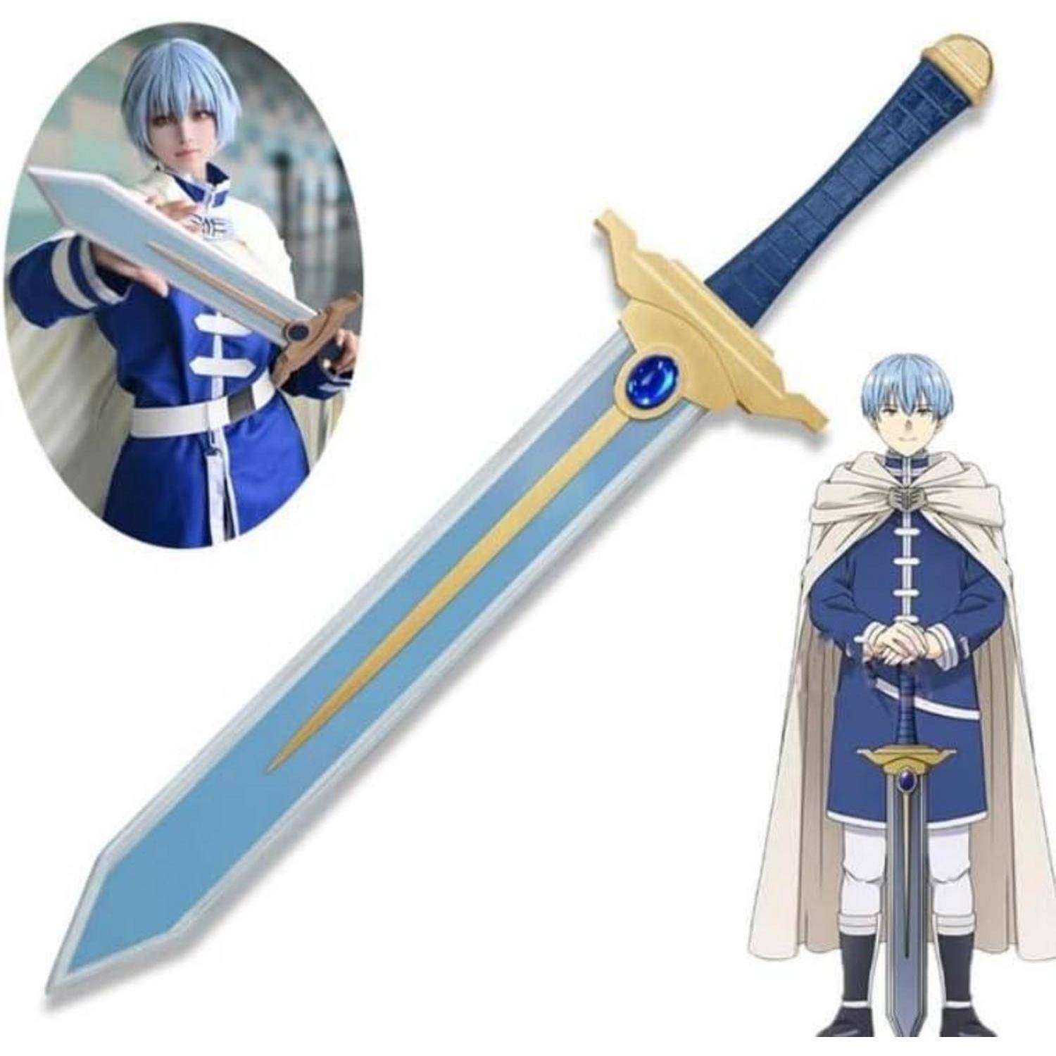 Anime-Charakter-Kostümreferenz mit einer blauharigen Figur mit einem großen blauen Schwert, plus eine Ganzköpperillustration der Ausrüstung und des Waffendesigns.