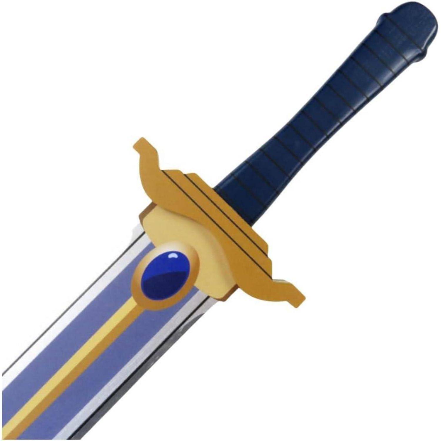 Ein blaues Spielzeugschwert mit einem goldenen Griff und dunkelblaiem Griff auf weißem Hintergrund.