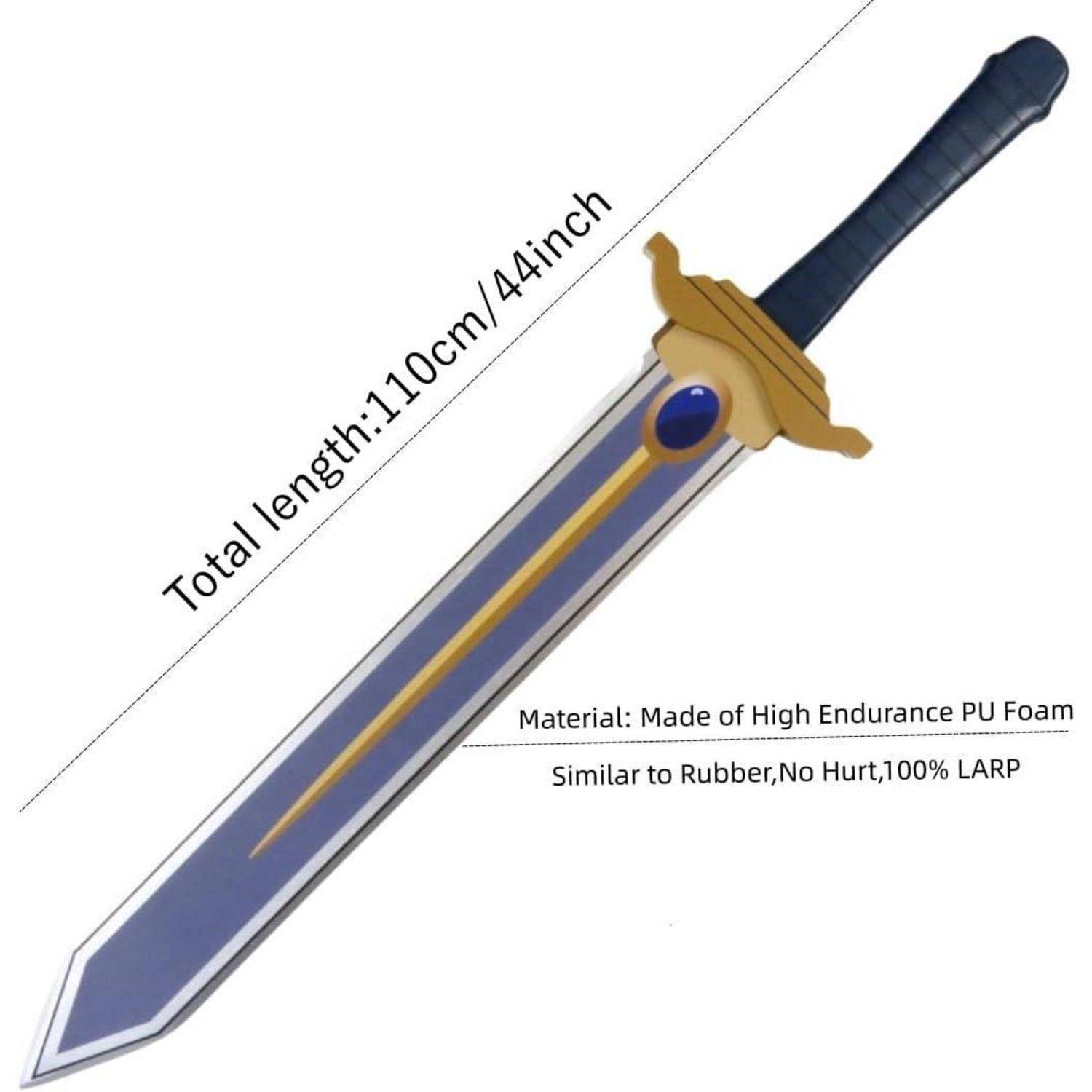 Illustration eines Schaumstoff-Spielzeugschwertes mit dunkelblauer Klinge und Griff, beschriftet mit Gesamtlänge 110 cm/44 Zoll; hergestellt aus hochelastischem PU-Schaumstoff für LARP, ähnlich wie Gummi und sicher.