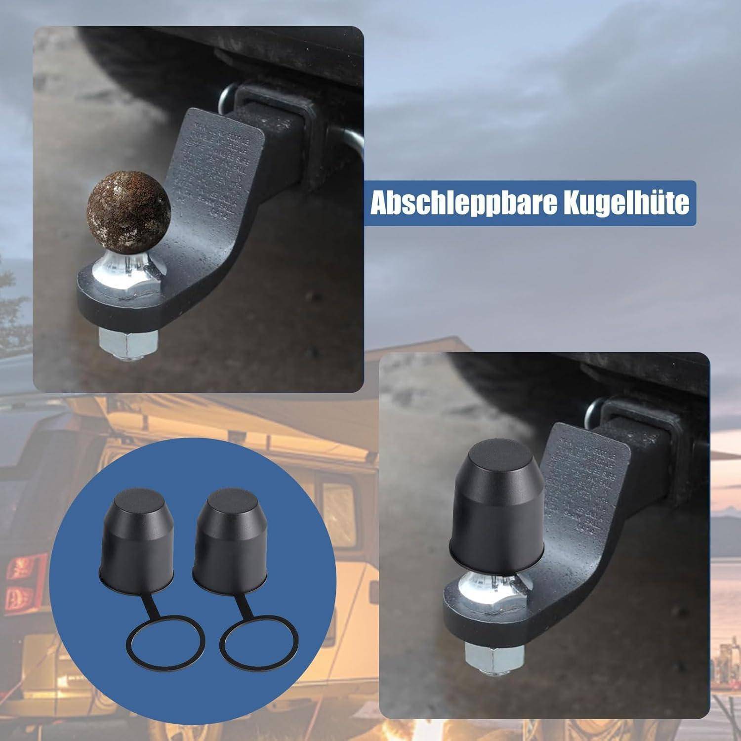 Werbegrafit für eine abschleppbare Kugelhüte für Anhängerkupplung, die eine nackte Kupplungskugel und dieselbe Kugel mit aufgebrachter schwarzer Schutzkappe zeigt; der Text lautet „Abschleppbare Kugelhüte