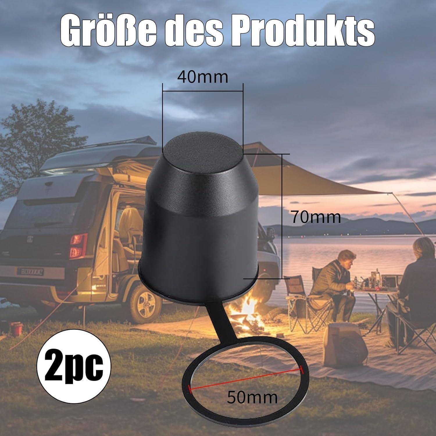 Produktgrößen-Diagramm mit einem schwarzen zylindrischen Campingteil: 40 mm breit, 70 mm hoch, mit einem 50 mm Ring; gekennzeichnet mit „2er