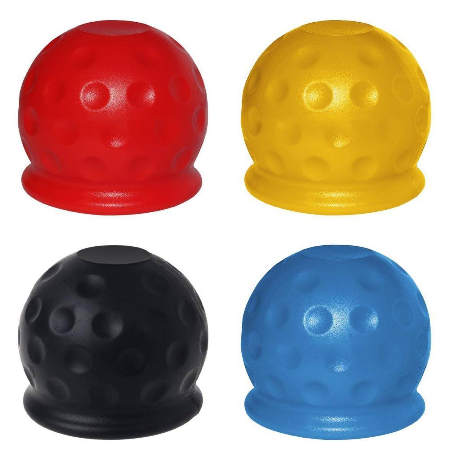 Vier farbenfrohe perforierte Golfball-Tees in Rot, Gelb, Schwarz und Blau in einem 2x2-Raster auf weißem Hintergrund angeordnet.