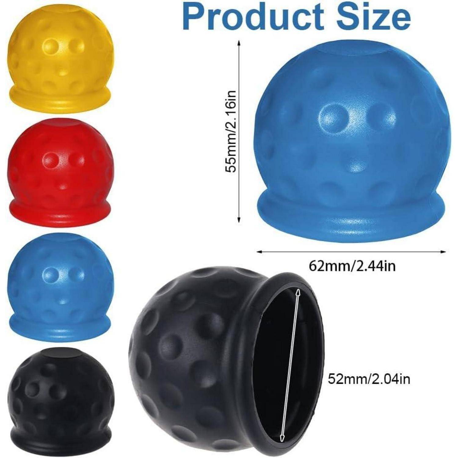 Produktgrößentabelle mit einer strukturierten Gummikappe in Gelb, Rot, Blau und Schwarz; Hauptgröße beträgt 55 mm Höhe, 62 mm Breite, 52 mm Öffnung.