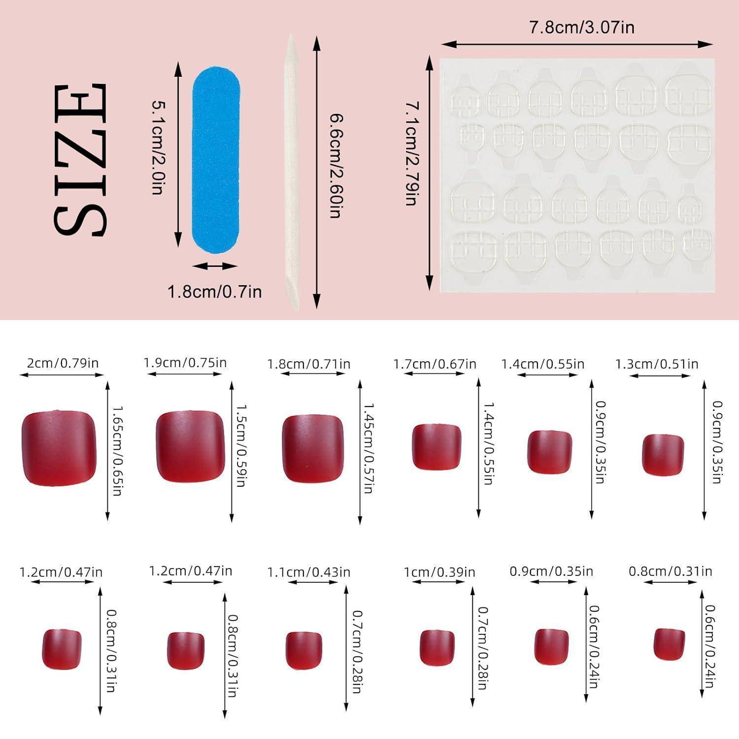 Größentabelle für Haftungspolster und Nagelabdeckungen, die Abmessungen für ein blaues Polster und mehrere rote Nagelspitzen von 2,0 cm bis 0,8 cm Breite zeigt.