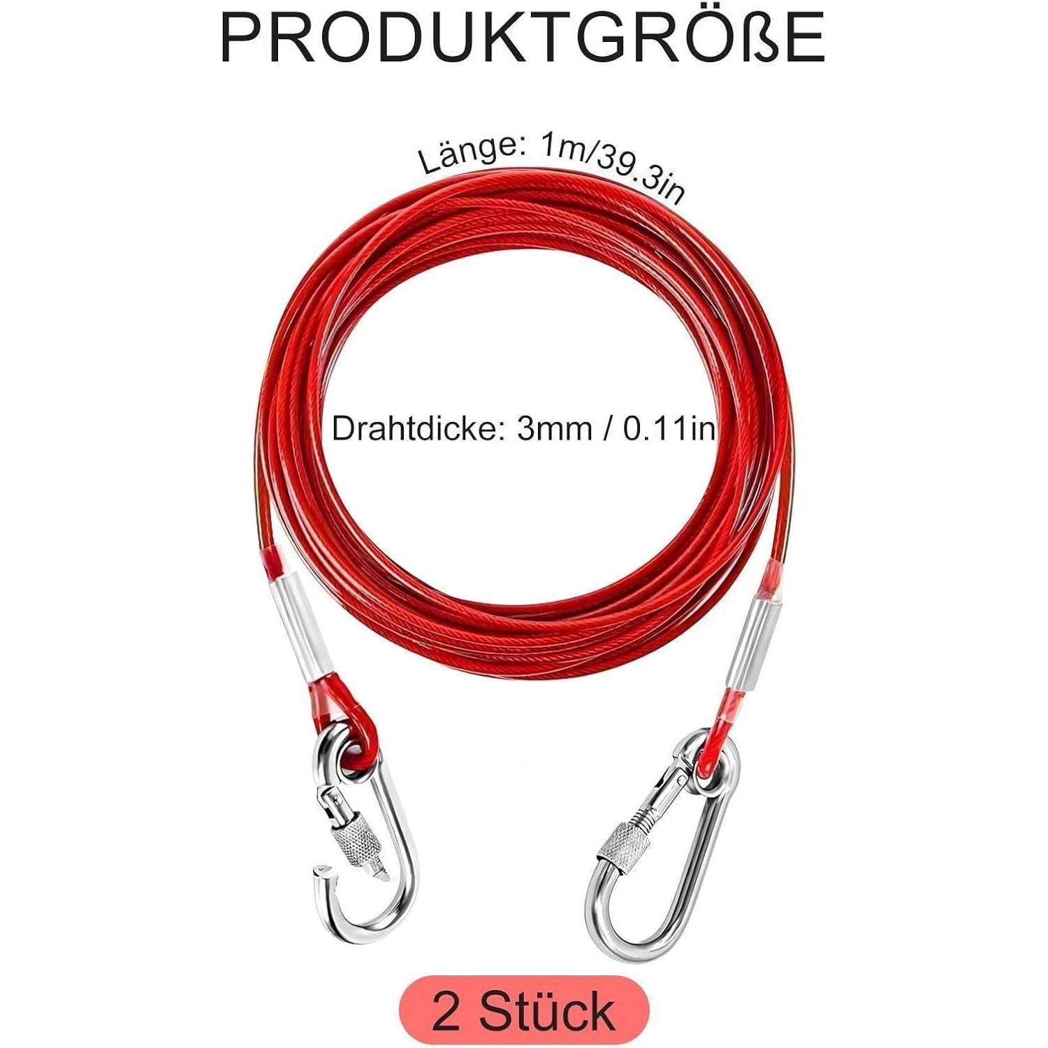Rotes Drahtkabel mit Metallhaken, beschriftet mit „Produktgröße