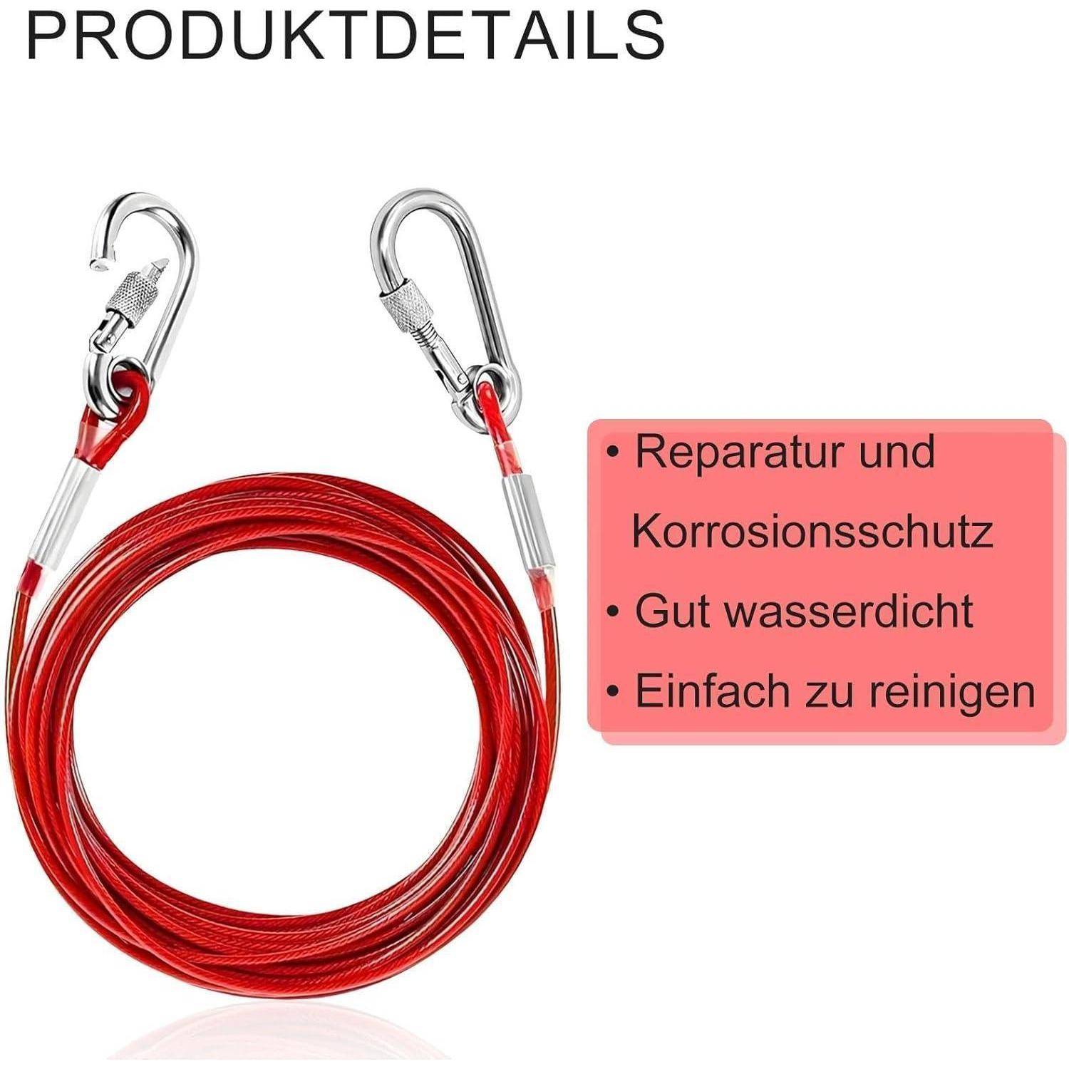 Rotes aufgerolltes Kabel mit Metallkarabinerhaken, gekennzeichnet mit „PRODUKTDETAILS