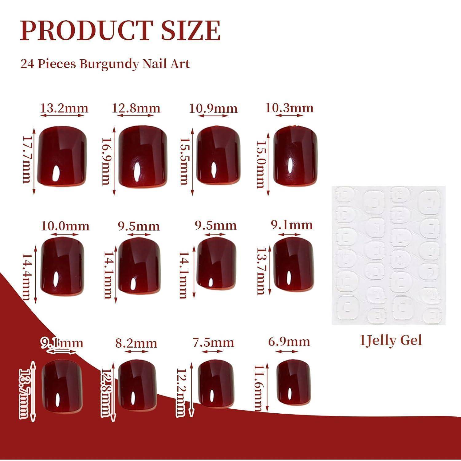 Größendiagramm für 24 burgundy Gel-Nagelkunst-Tipps, zeigt 24 Nägel mit Breiten von 13,2 mm bis 6,9 mm und Längen von 17,7 mm bis 11,6 mm, plus ein transparentes Haftblatt mit der Bezeichnung "1 Jelly Gel"".
