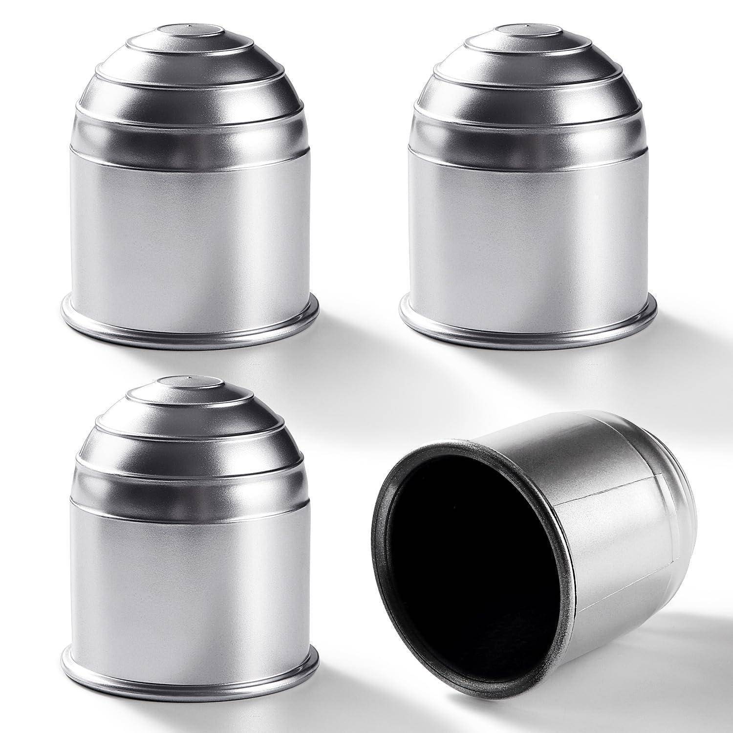 Vier Ansichten eines silbernen Metallbehälters mit gewölbtem Deckel, aufrecht und auf der Seite liegend vor weißem Hintergrund dargestellt.