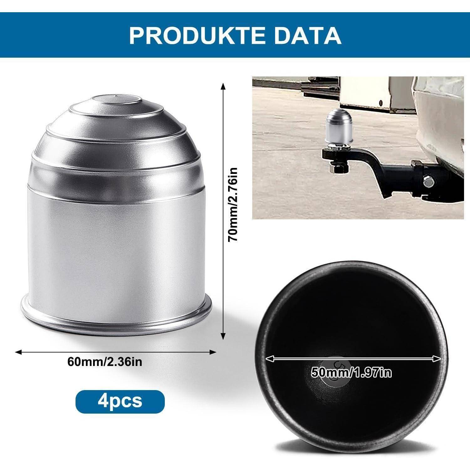 Produktdatenbild einer Metallanhängerkupplungsabdeckung, das die Größe 70 mm x 60 mm, einen inneren Durchmesser von 50 mm und ein 4er-Set mit Installationsbeispiel zeigt.