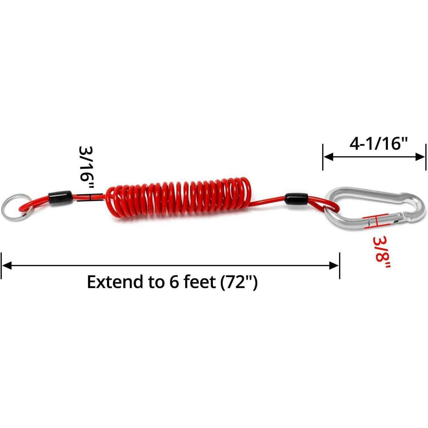 Aufgerollte rote Sicherheitsleine mit Karabinern, mit gekennzeichneten Abmessungen: erstreckt sich bis zu 6 Fuß, 3/16 Zoll Durchmesser und 4-1/16 Zoll Klippenlänge.