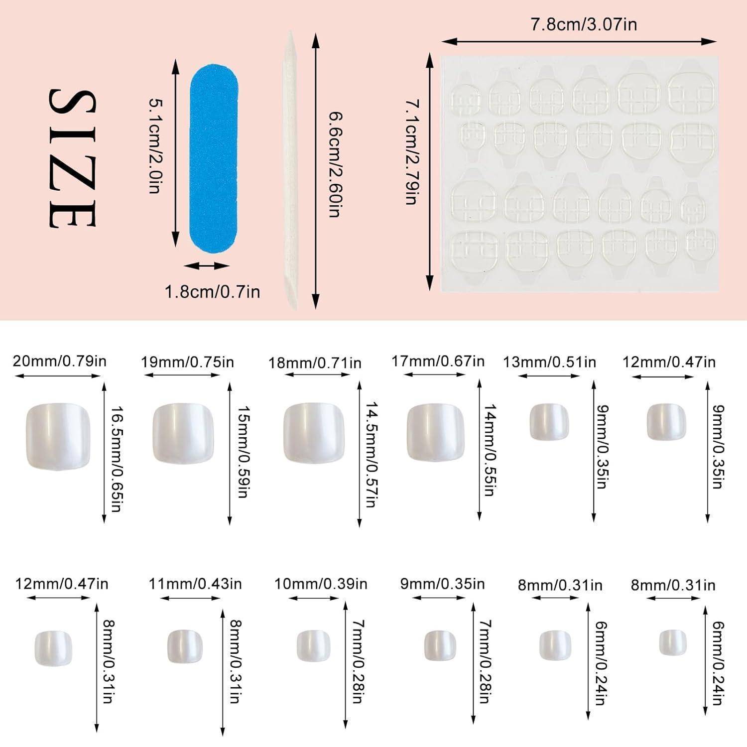 Größentabelle für einen durchsichtigen blauen Klebeband und transparente Nagelspitzen, mit Abmessungen in mm und Zoll für das Blatt und mehrere Spitzengrößen.
