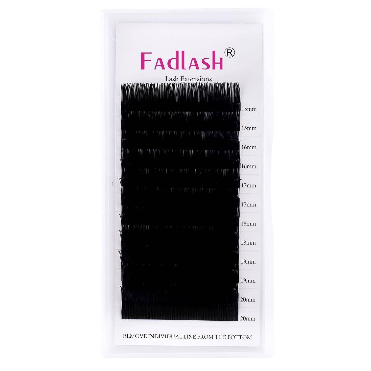 Fadlash Wimpernverlängerungs-Paket mit schwarzen künstlichen Wimpernstreifen mit Beschriftung 15 mm bis 20 mm und Anleitung „EINZELNE LINIE VON UNTEN ENTFERNEN