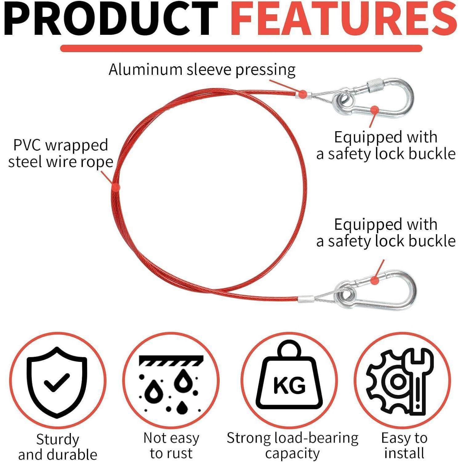 Produktmerkmaldiagramm eines PVC-ummantelten Stahlseils mit Aluminiumhülse zum Pressen und Sicherheitsschlossbügeln, plus Symbole für Haltbarkeit, Wasserfestigkeit, Tragfähigkeit und einfache Lagerung.