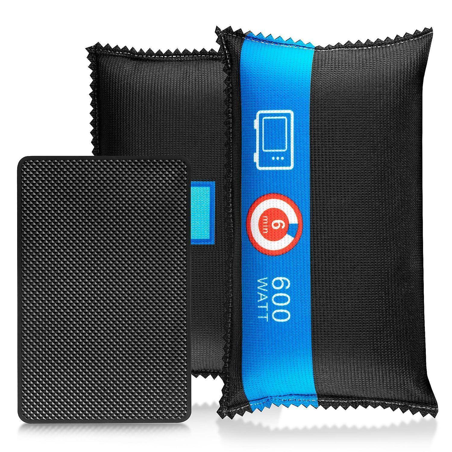 Schwarze strukturierte Tasche, von vorne und hinten gezeigt, mit einem blauen Streifen mit der Aufschrift „600 WATT