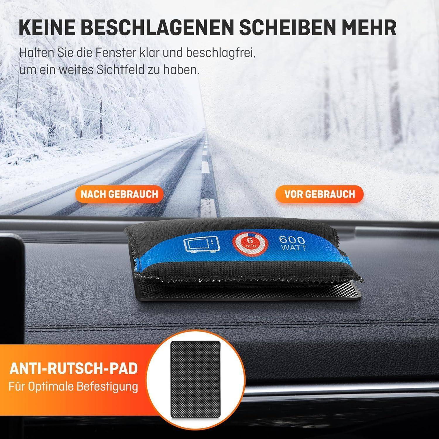 Autobediener mit einem Entfeuchtungskissen; deutscher Text sagt „Keine beschlagenen Fenster mehr" und zeigt „nach Verwendung"" im Vergleich zu „vor Verwendung"" auf einer klaren Windschutzscheibe.