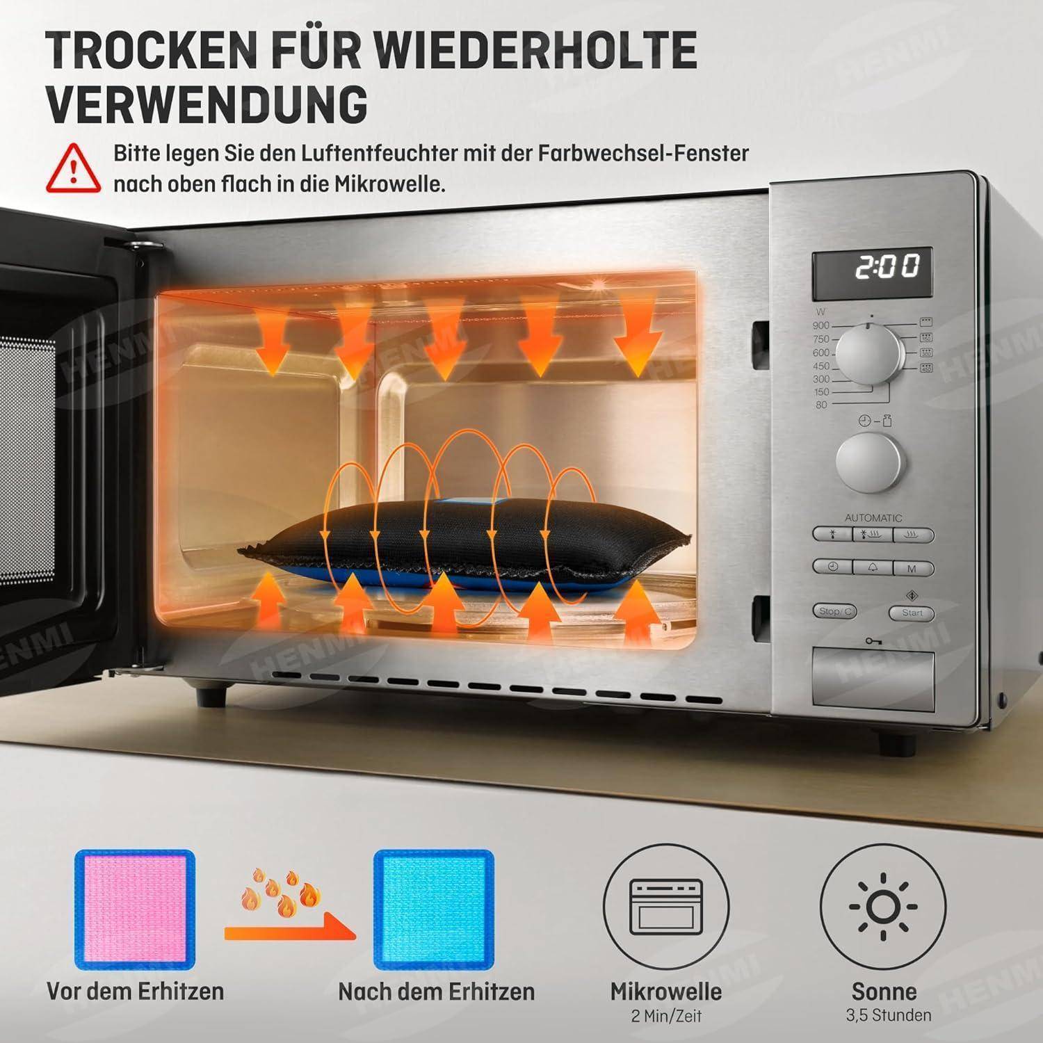Mikrowellen-Trockner Anleitung: 'ZUM TROCKNEN FÜR WIEDERHOLTE VERWENDUNG'; den Entfeuchter flach mit dem Farbwechselfenster nach oben ausgerichtet vor dem Erhitzen platzieren.