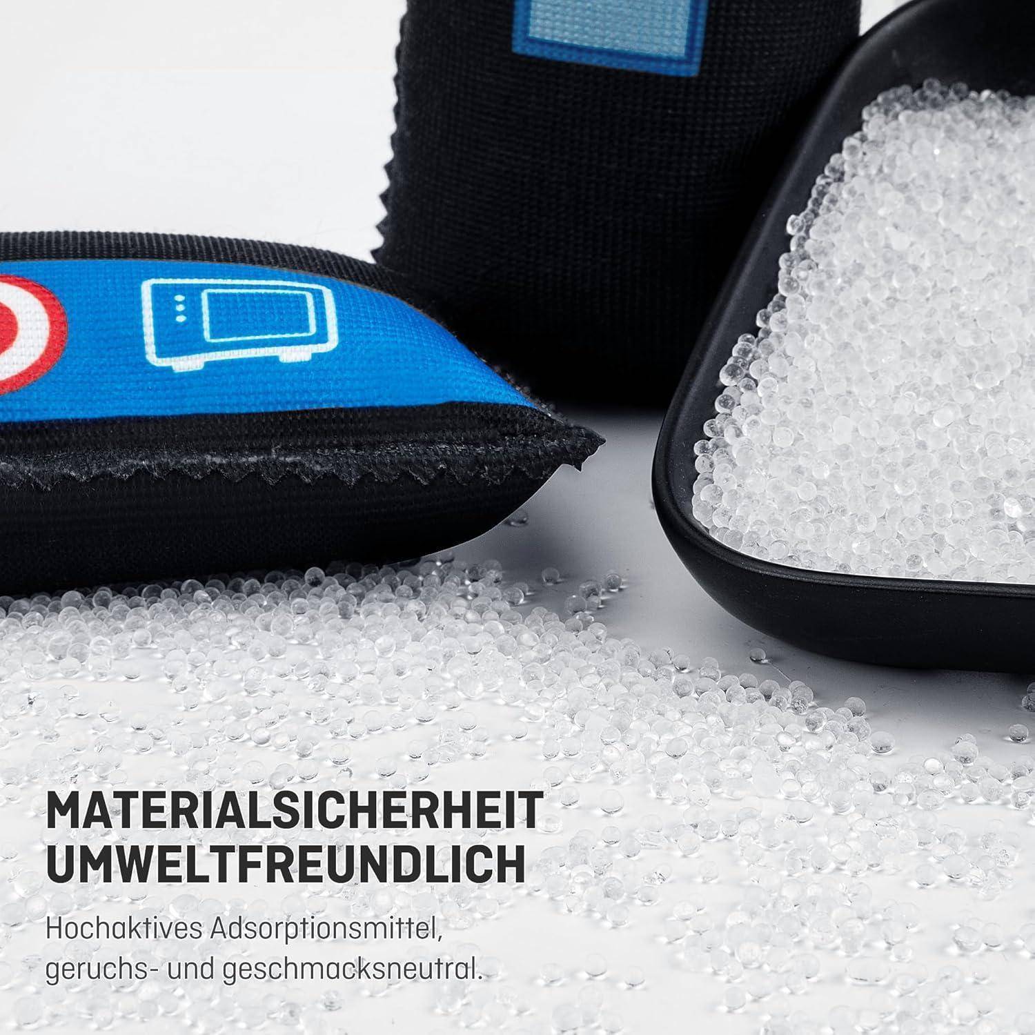 Nahaufnahme von wiederverwendbaren Materialschutzpolyesterbe mit verschütteten transparenten Perlen, mit deutschem Text „MATERIALSICHERHEIT UMWELTFREUNDLICH" und „Hochaktives Adsorptionsmittel, geruchs- und geschmacksneutral."