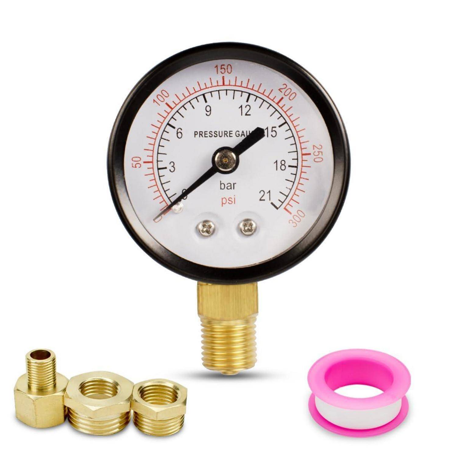 Druckmessgerät zeigt etwa 15 bar/150 psi an, mit Messingadapterfittings und einem rosa Dichtungsring darunter.