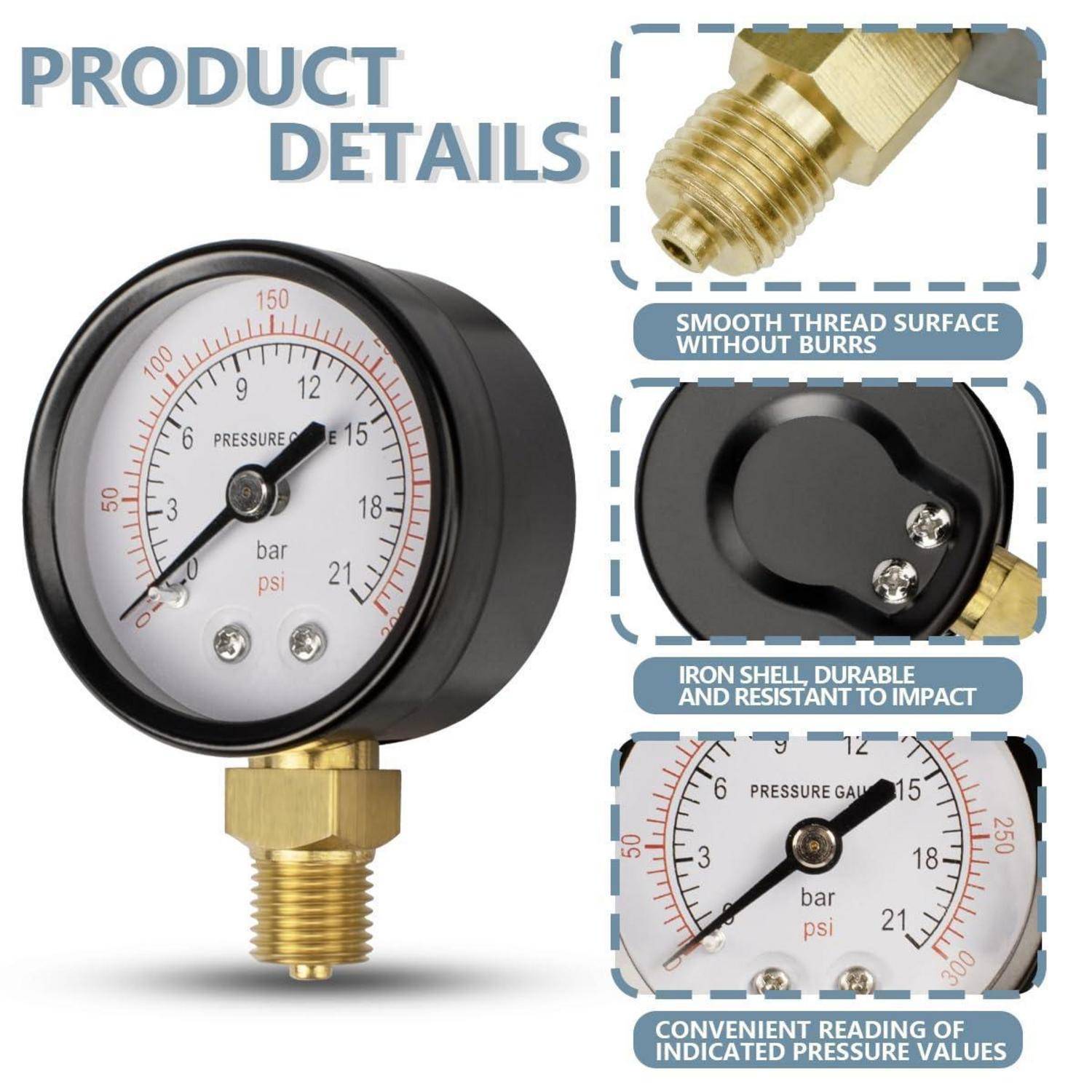 Produktdetails für ein Manometer: Messinggewindeanschluss, robuste Eisengehäuse und klares Zifferblatt mit Doppelskala mit den Bezeichnungen bar und psi.