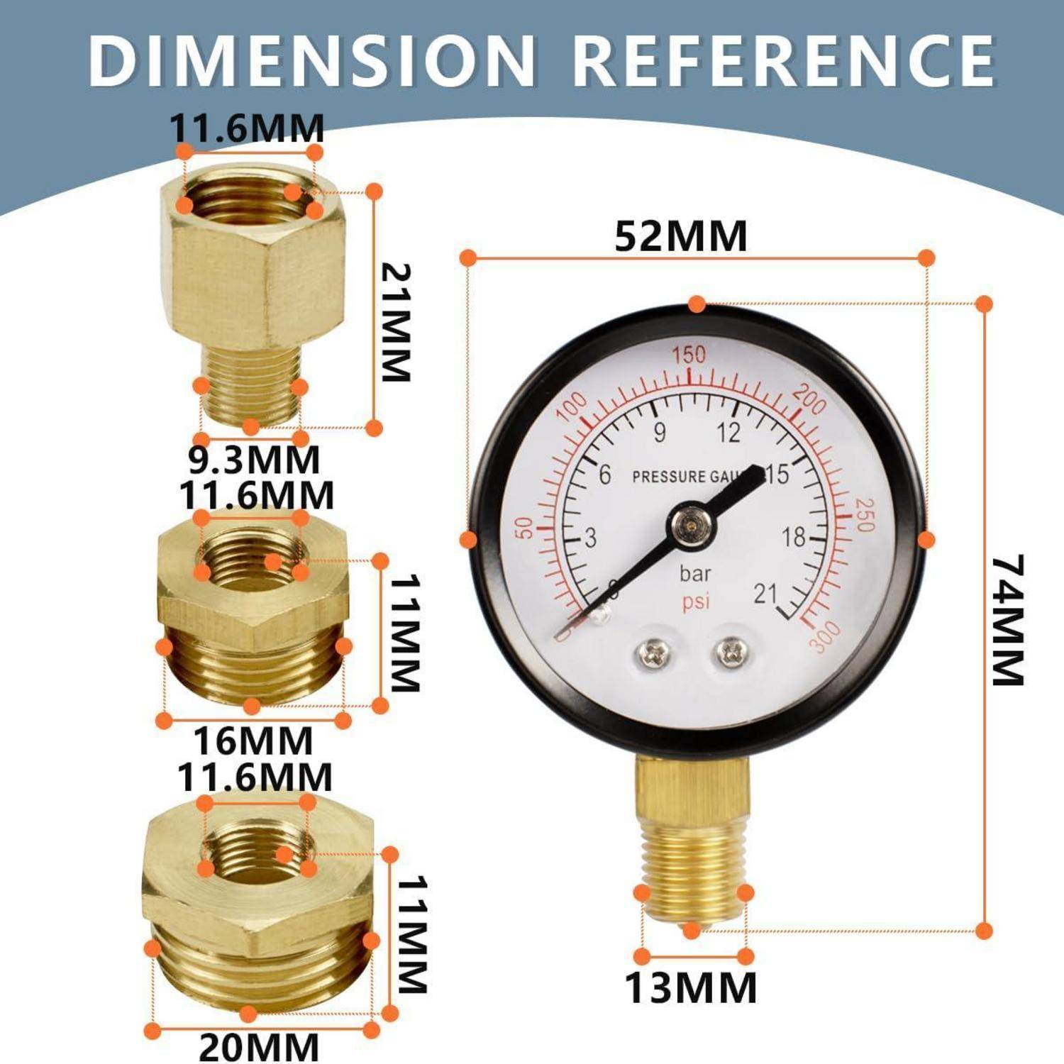 Dimensionsreferenzbild eines Druckmanometers und dreier Messingadapter mit beschrifteten Schlüsselmessungen in Millimetern, einschließlich 52 mm Breite, 74 mm Höhe und Adaptergrößen.