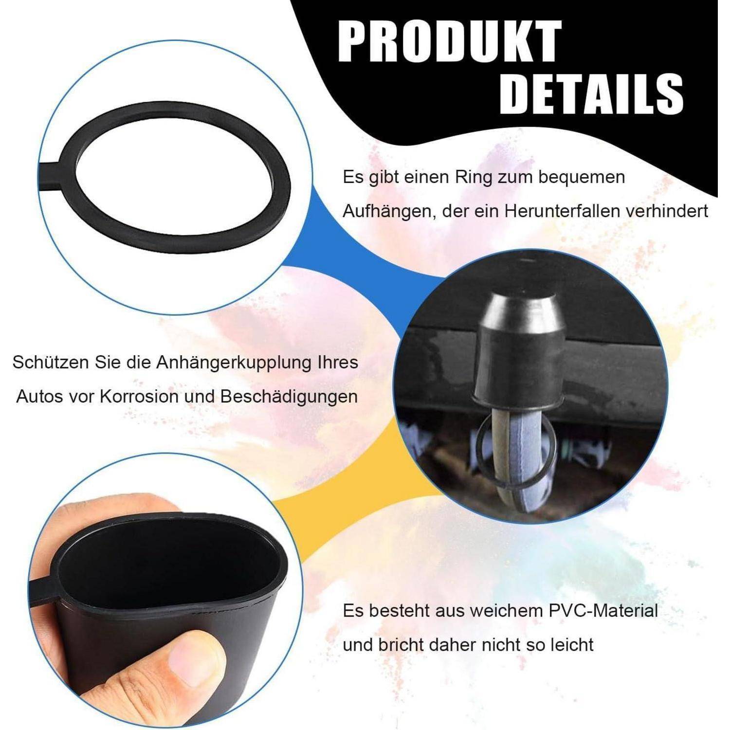 Produktdetails-Infografik für eine Anhängerkupplungsabdeckung: schwarzer Ring zum einfachen Aufhängen, schützt die Anhängerkupplung vor Korrosion und Beschädigungen, hergestellt aus weichem PVC.