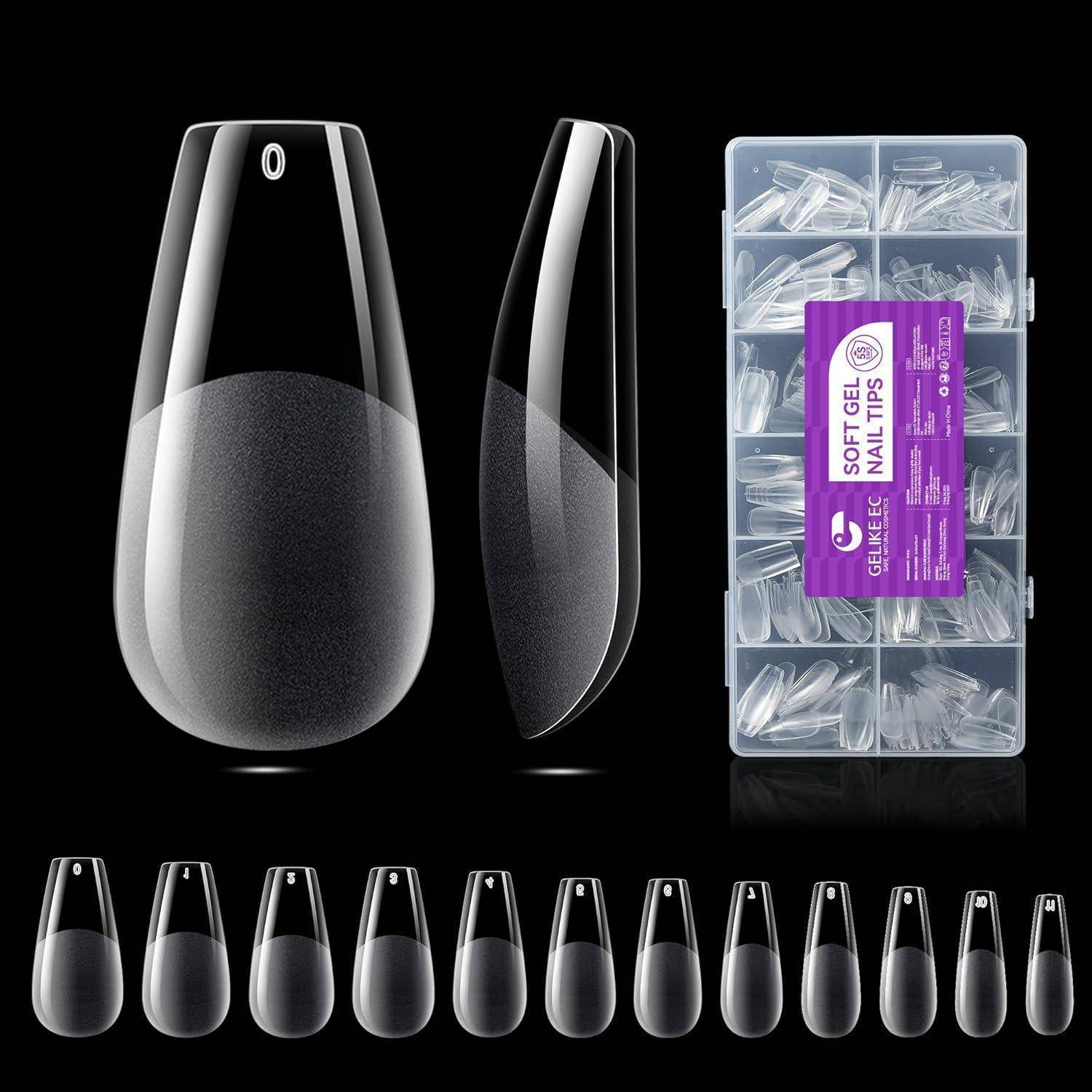 Durchsichtige Kunstnagel-Spitzen in verschiedenen Größen und Formen dargestellt, mit einer Aufbewahrungsbox mit der Bezeichnung „Soft Gel Full Tips