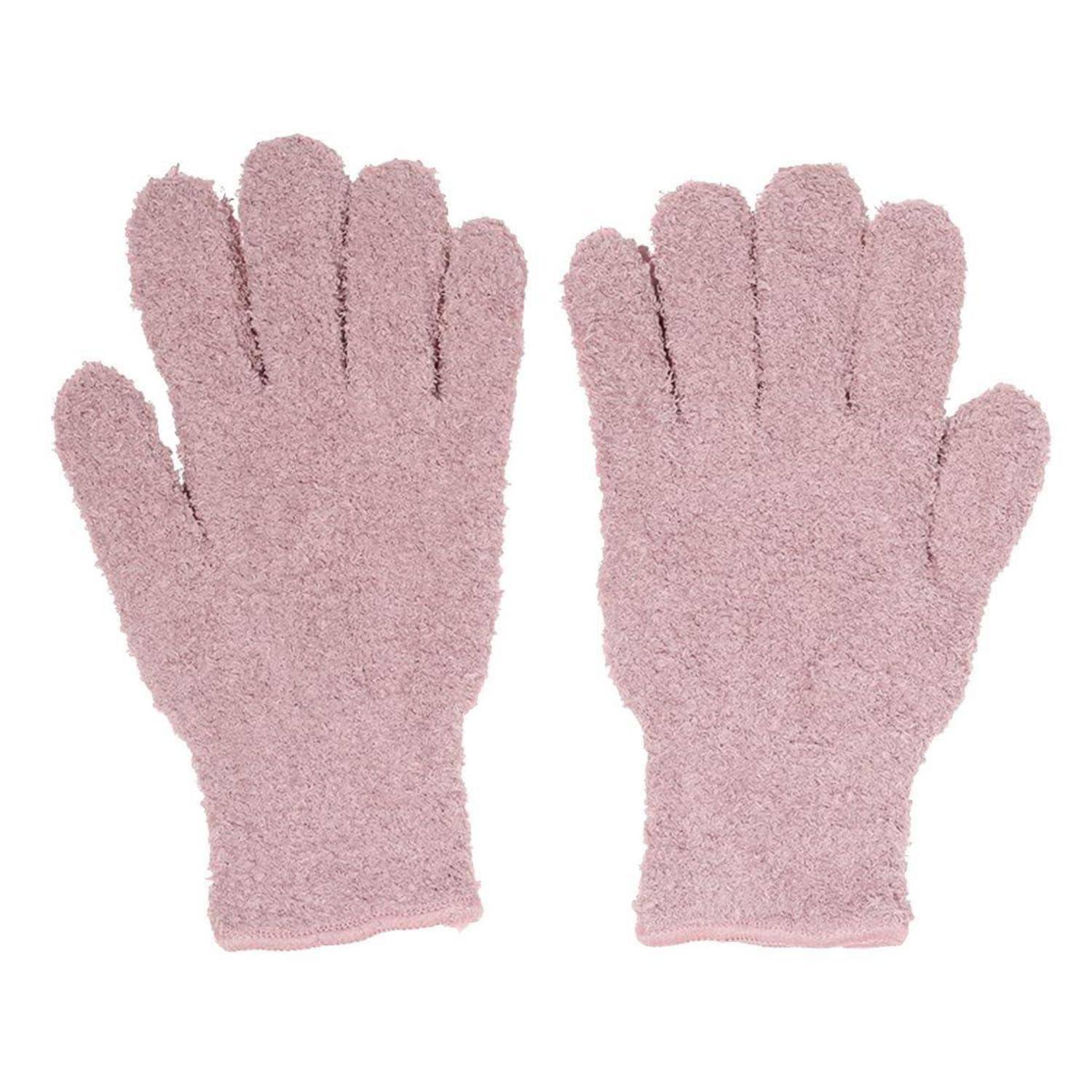 Paar rosa strukturierte Handschuhe auf weißem Hintergrund.