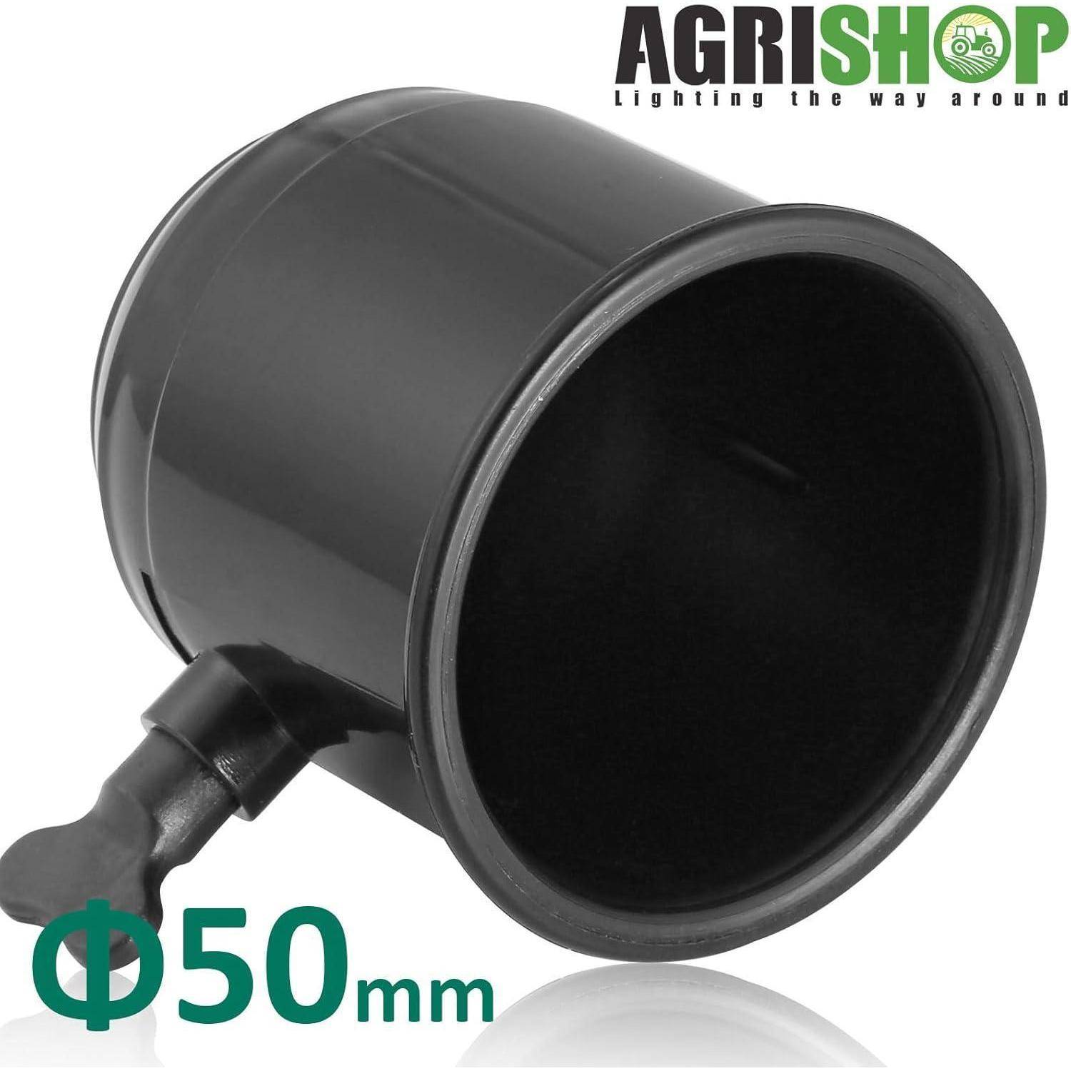 Schwarze 50 mm runde Kunststoffrohrverbindung oder Kupplung, wie im Produktfoto mit AGRISHOP-Logo gezeigt.