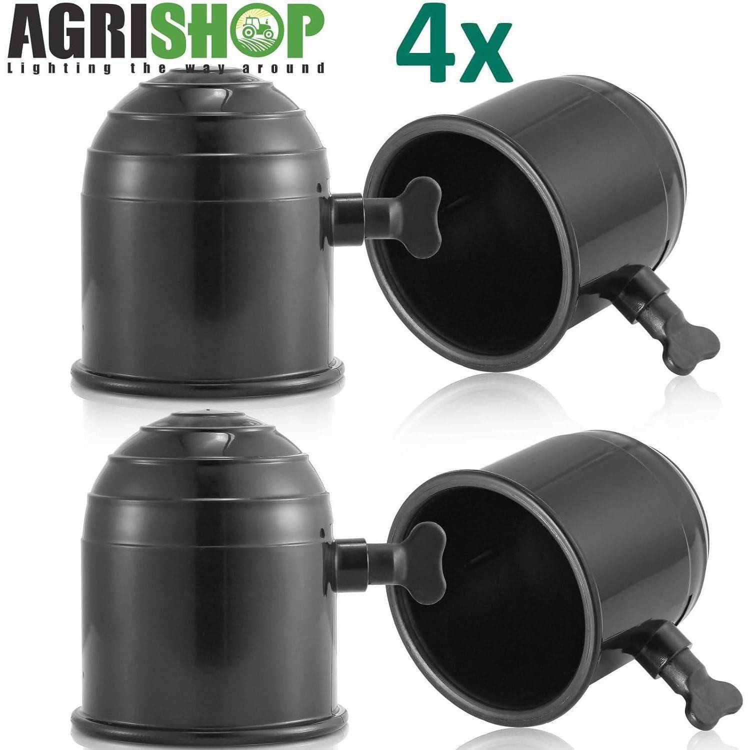 Vier schwarze AgriShop-Viehtränkbecher in zwei Ansichten gezeigt, mit „4x