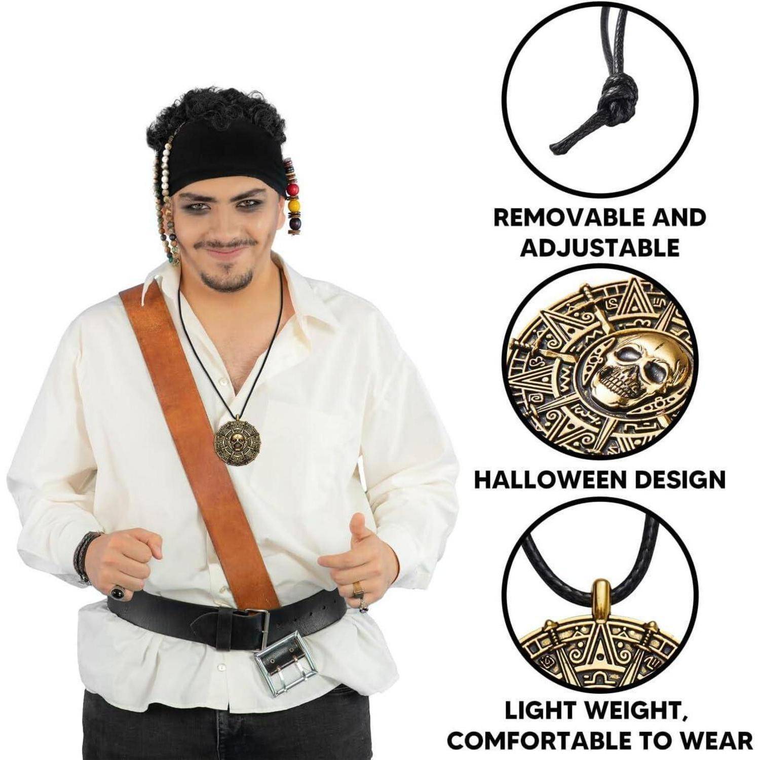 Produktbild eines Piratenkostüms mit einem Mann, der ein weißes Hemd, einen Gürtel, einen Bindegürtel und ein Totenkopf-Anhänger trägt; seitliche Hinweise besagen „Abnehmbar und verstellbar