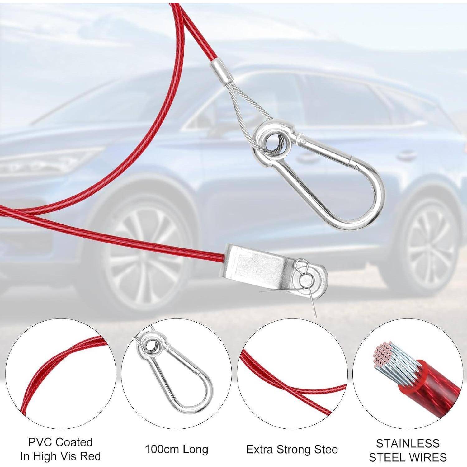 Rotes Kabel und Metallclip für ein Abschleppseiel oder Sicherheitsseil, dargestellt über einem Auto; eingefügte Beschriftungen kennzeichnen PVC-beschichteten Draht, 100 cm Länge, extra starken Stahl und rostfreien Stahldraht.