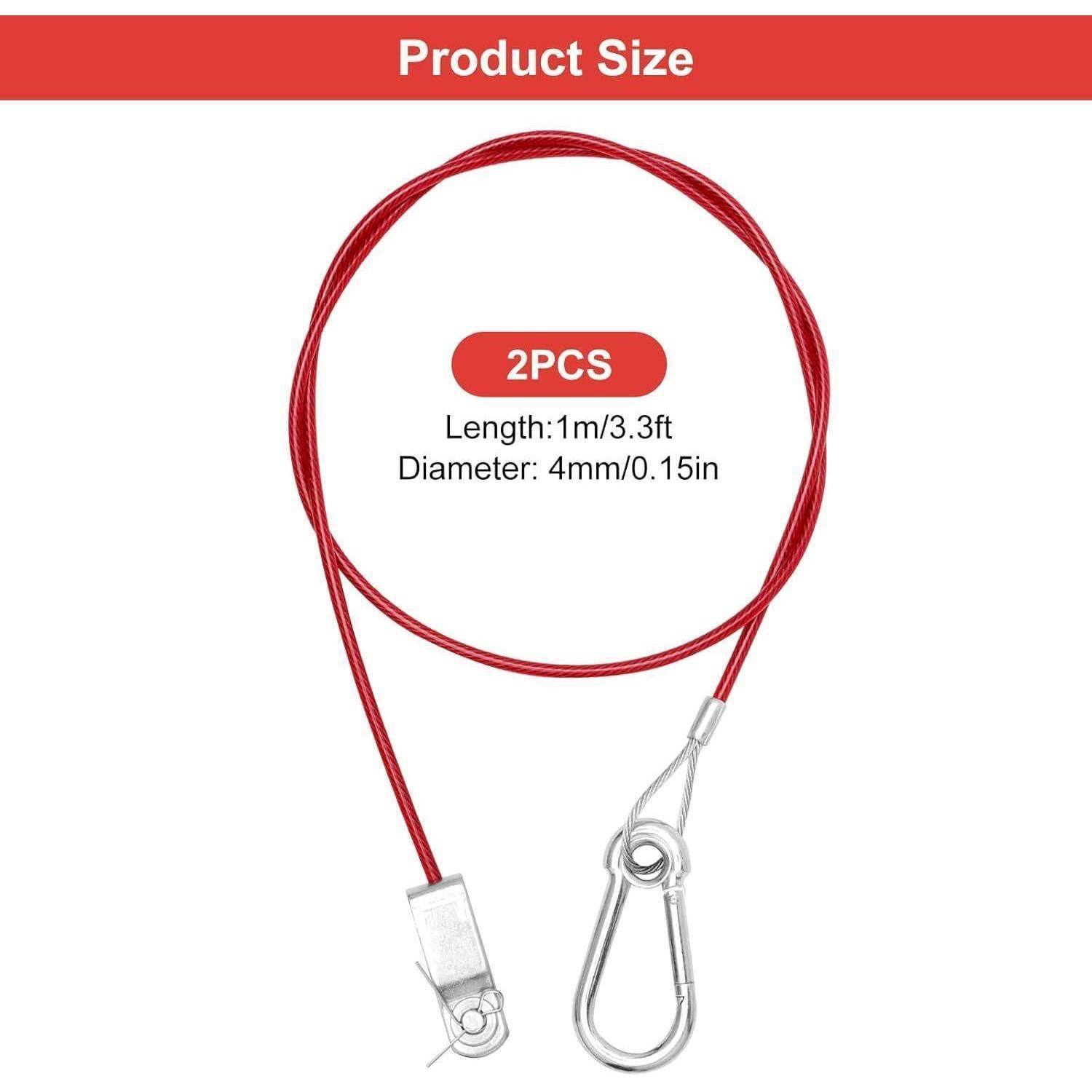 Produktgrößendiagramm für 2 Stück: rote Kabelschleifen mit Metallclips, Länge 1 m (3,3 ft) und Durchmesser 4 mm (0,15 Zoll).