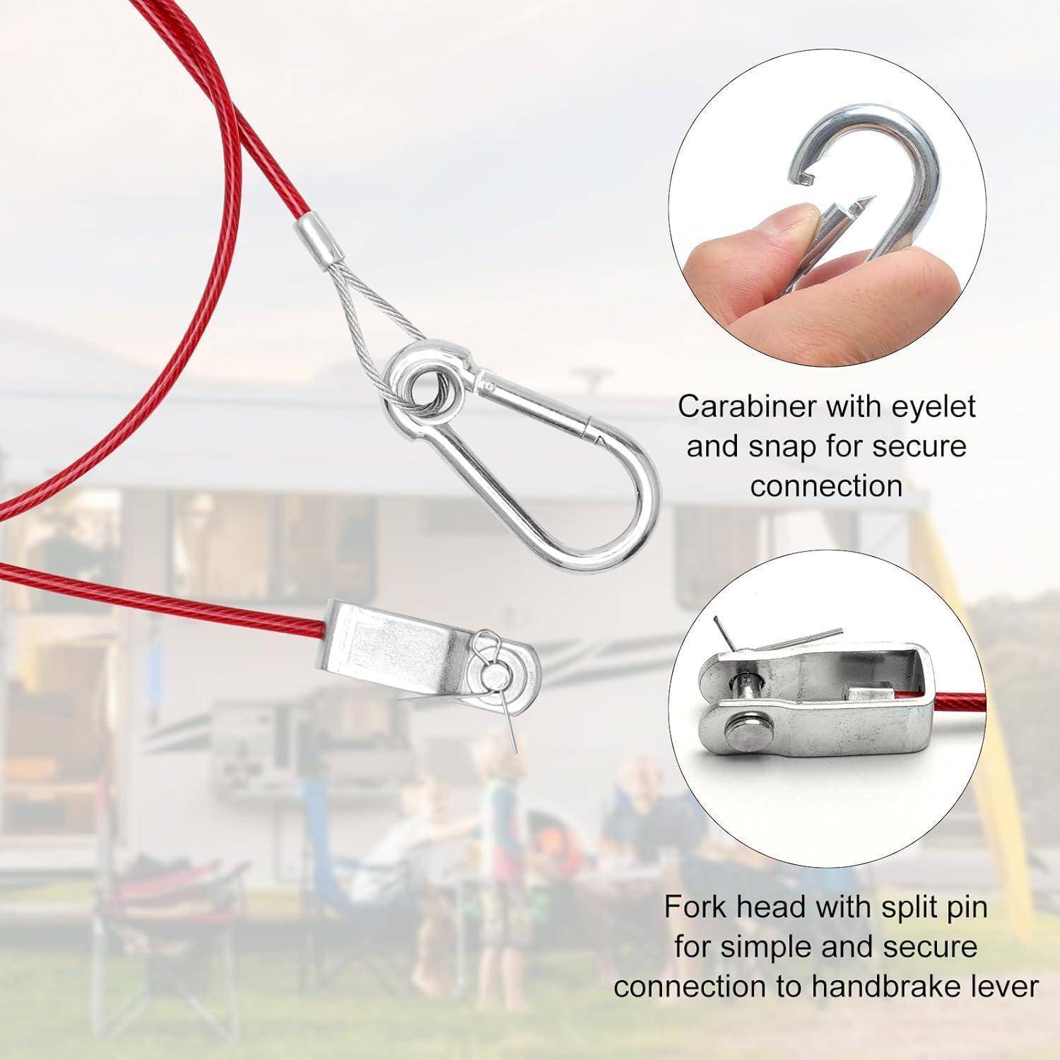 Rotes Seil mit Metallkarabiner und Gabelkopfverbindern für ein Handbremskabel, dargestellt mit beschrifteten Nahaufnahmen, die sichere Verbindungen erklären.