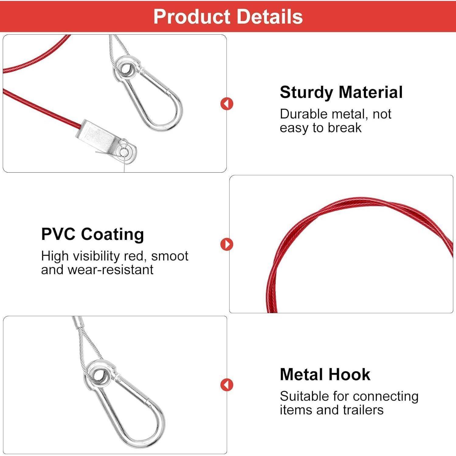 Produktdetails-Grafik zeigt ein rotes PVC-beschichtetes Metallkabel mit Haken; hebt robustes Material, PVC-Beschichtung und Metallhaken zum Verbinden von Gegenständen und Anhängern hervor.
