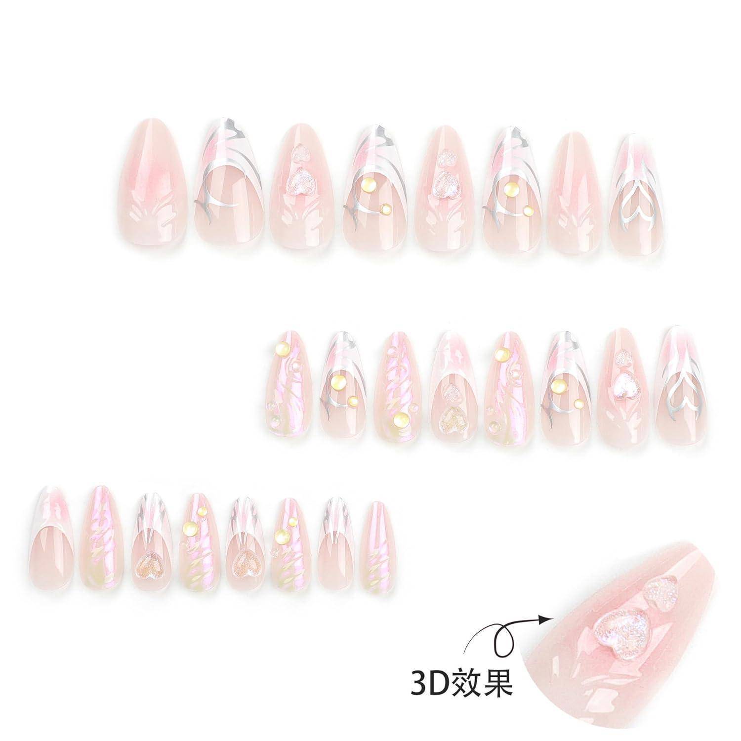 Collage von rosa glänzenden Nagelkunstdesigns mit mehreren dekorierten Maniküre-Stilen und einer Nahaufnahme mit der Bezeichnung "3D-Effekt"" mit einem Pfeil, der auf ein erhabenes 3D-Nageldetail hinweist.