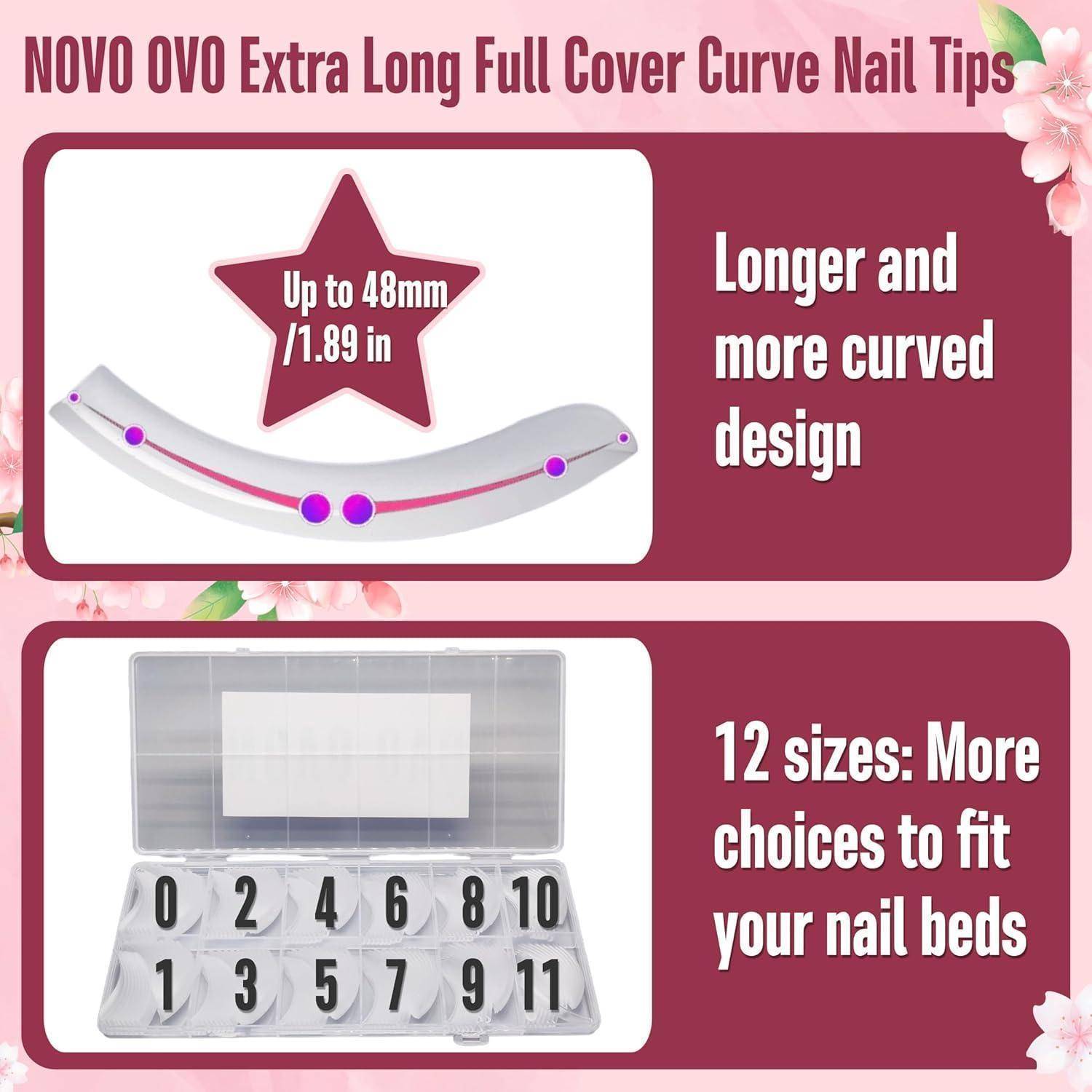 Werbegrafik für „NOVO OVO Extra Long Full Cover Curve Nail Tips" mit einem gekrümmten Tip bis zu 48mm und einem Größenset mit 12 Optionen für verschiedene Nagelbetten.