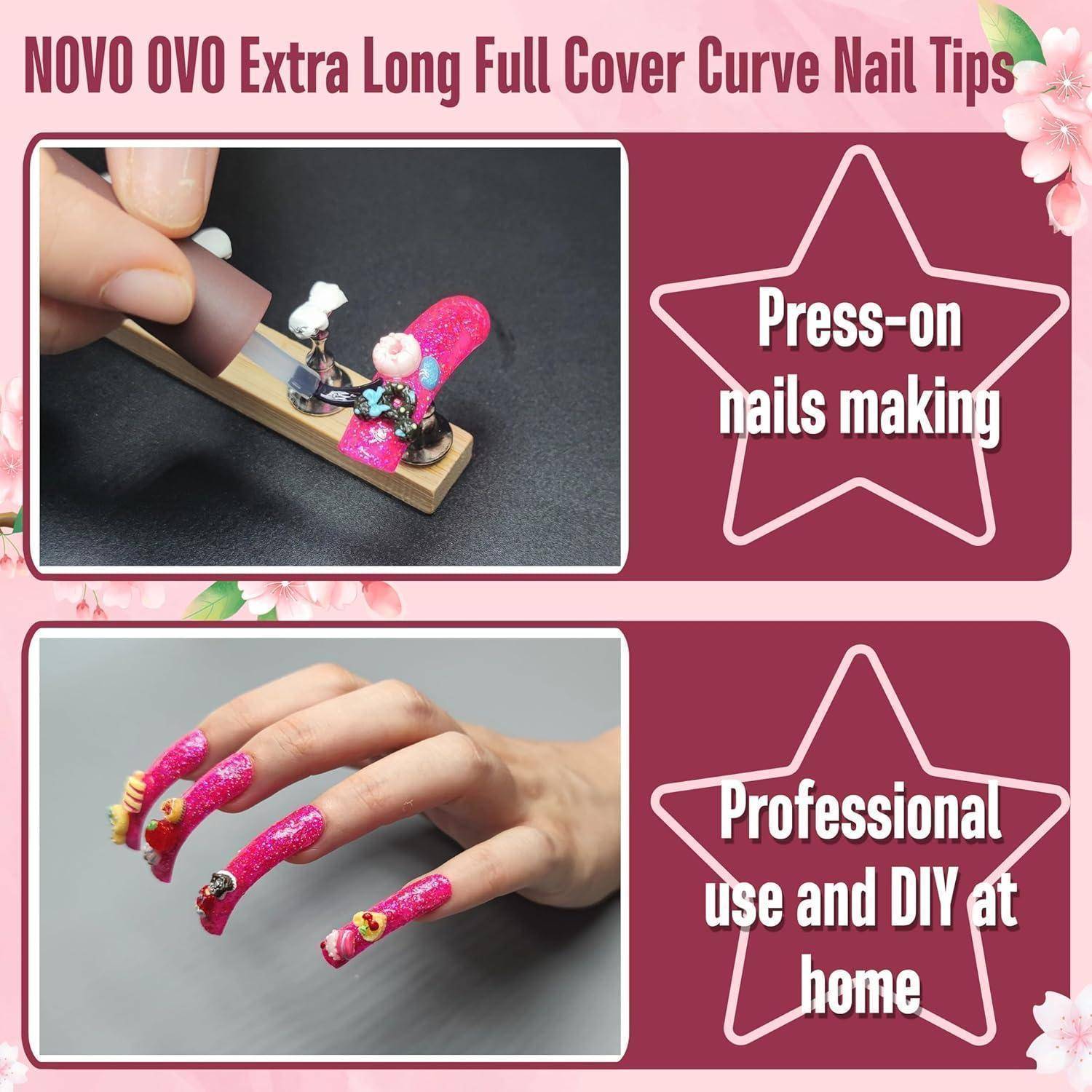 Werbegrafik für „NOVO OVO Extra Long Full Cover Curve Nail Tips" mit der Herstellung von Press-on-Nägeln und fertig glitzernden Nagelspitzen für professionelle oder DIY-Verwendung.