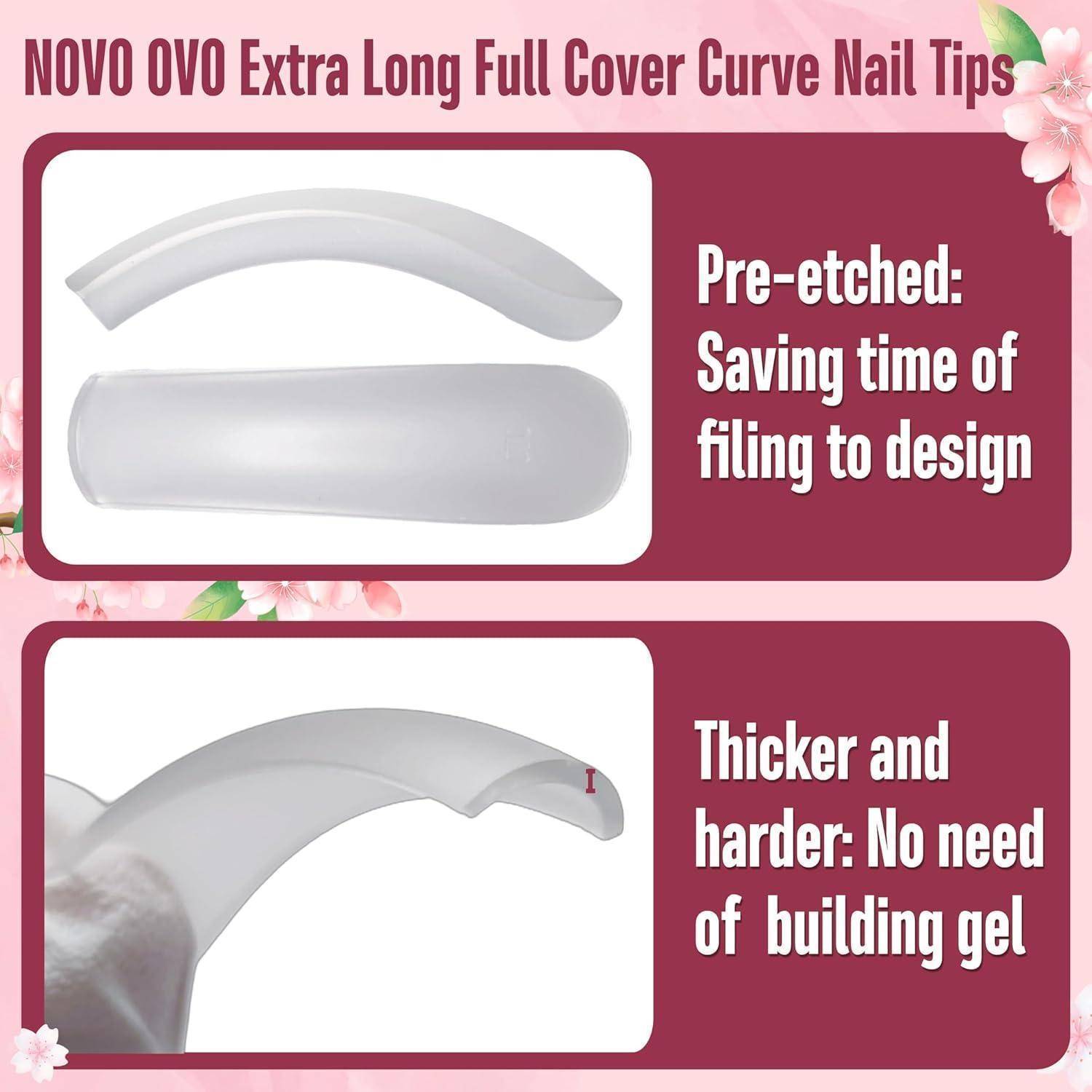 Werbegrafik für „NOVO OVO Extra Long Full Cover Curve Nail Tips", die vorgefertigte, dickere gekrümmte Nagelspitzen zeigt, die Zeit beim Feilen sparen und kein Builder-Gel benötigen.