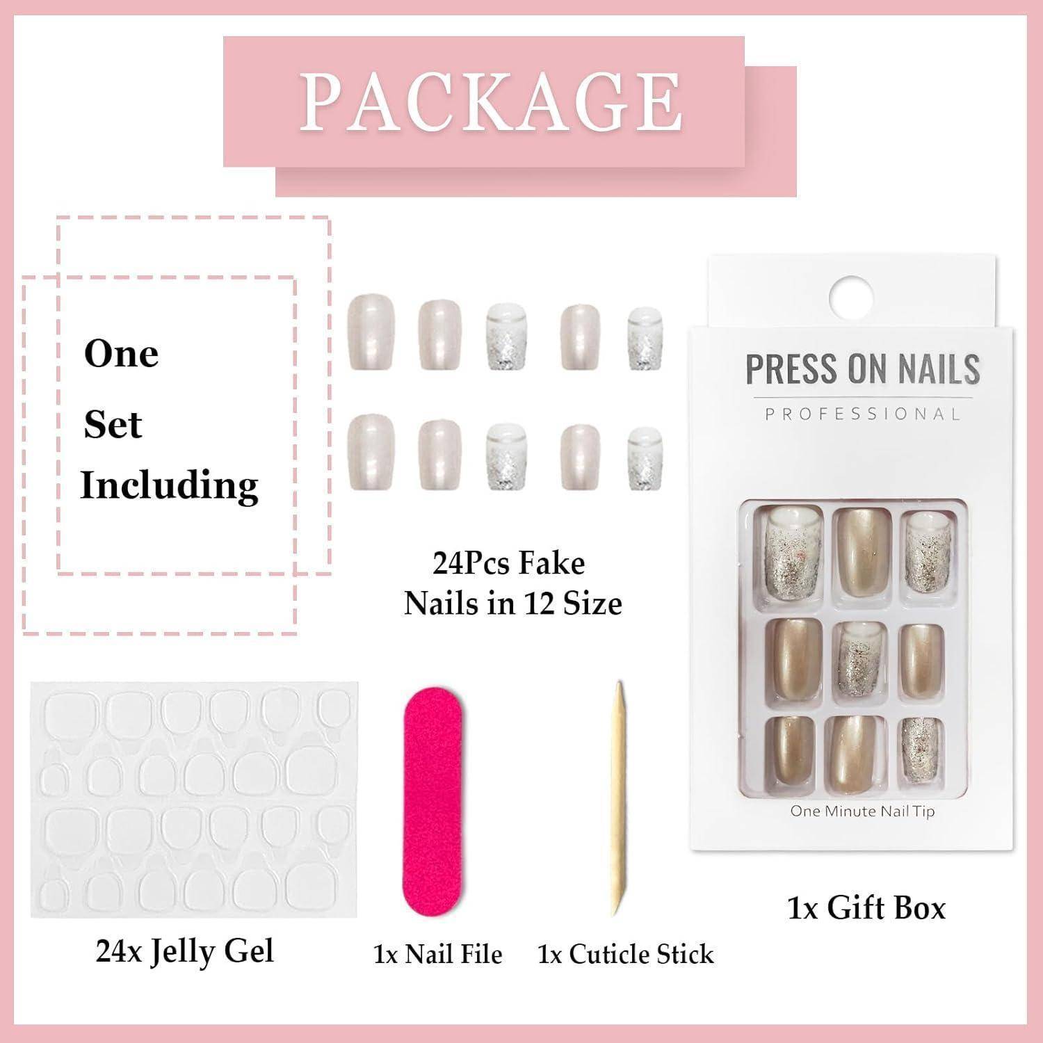 Produktpaketabbildung mit 24 aufklebbaren Nägeln in 12 Größen, plus 24 Geleegelstücke, eine Nagelfeile, ein Kutikusstab und eine Geschenkbox.
