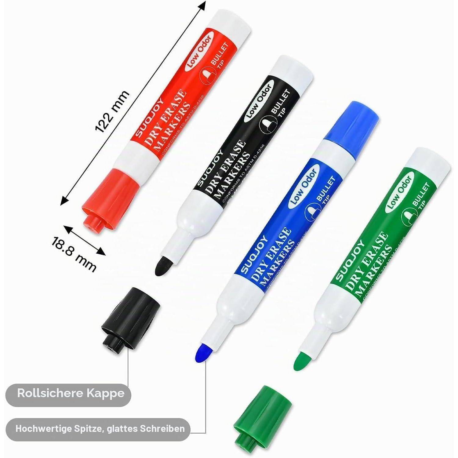 Vier gering riechende Trockenmarker in Rot, Schwarz, Blau und Grün, abgebildet mit Kappen und Abmessungen von 122 mm Länge und 18,8 mm Breite.