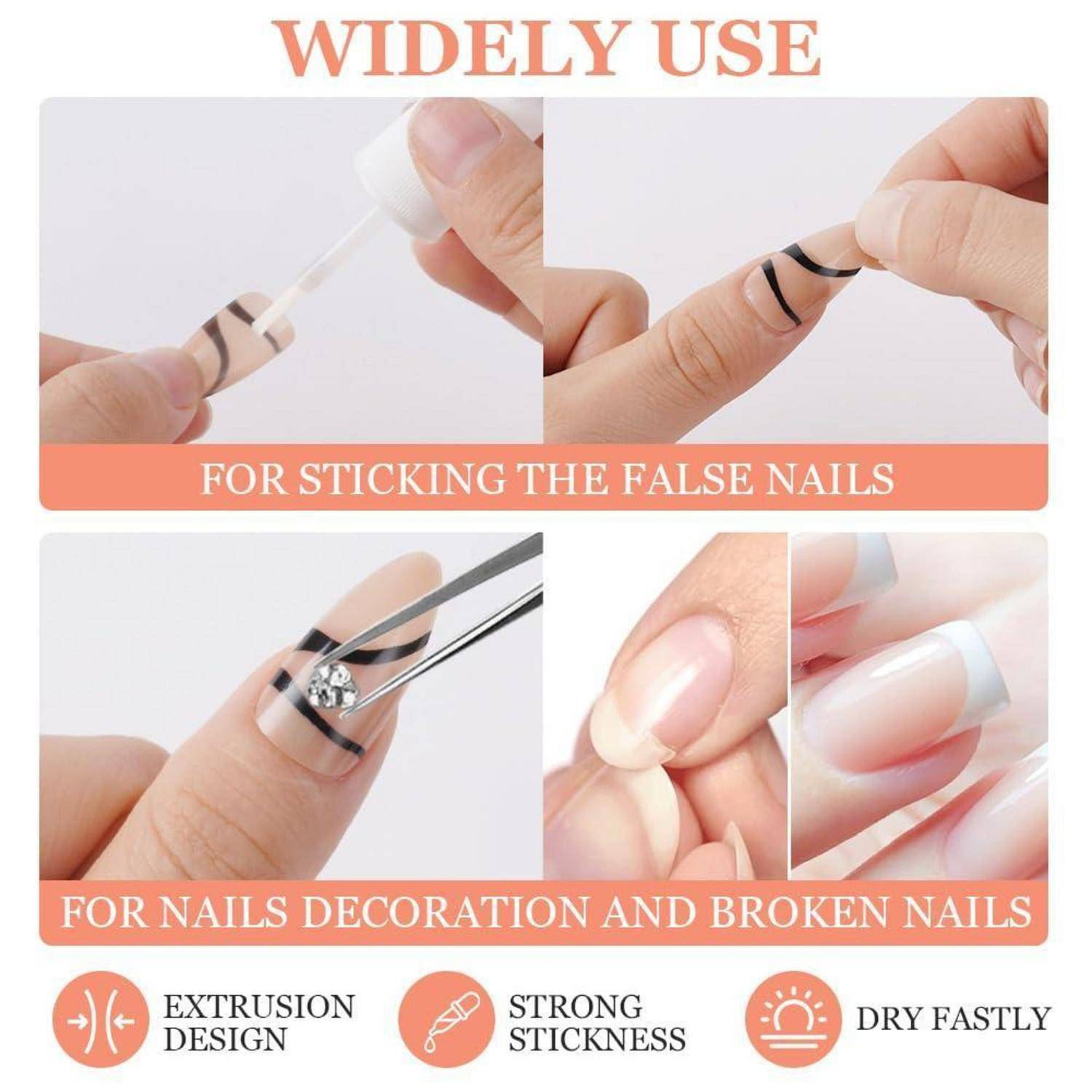 Infografik zur Verwendung von Nagelkleber: Anbringung von künstlichen Nägeln, Nagelverzierung und Reparatur von beschädigten Nägeln; hebt das Extrusionsdesign, starke Haftkraft und schnelles Trocknen hervor.