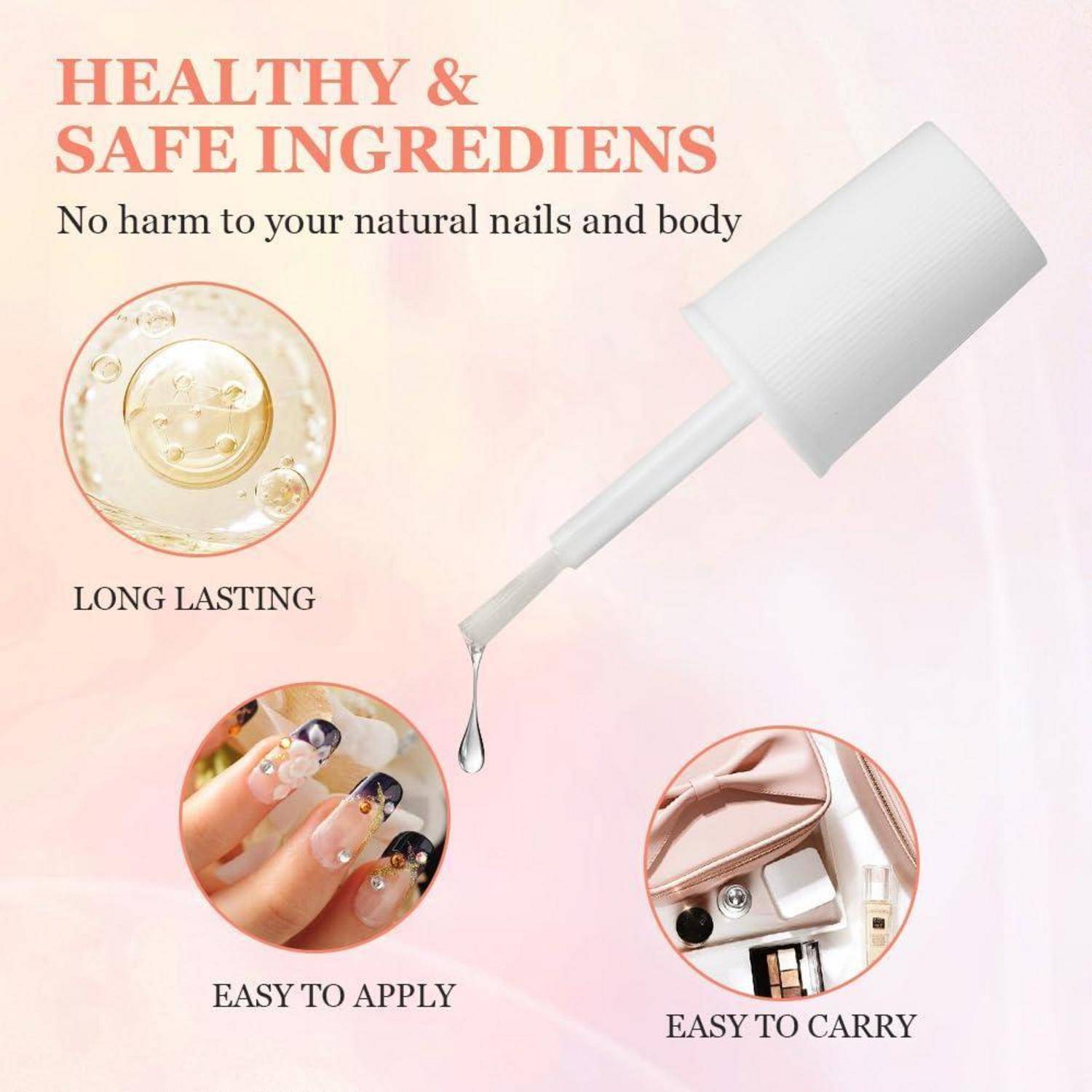 Nagellack-Anzeige mit Pinsel und Tropfen, Bewerbung von „Gesunde & sichere Inhaltsstoffe", „Langanhaltend"", „Leicht anzubringen"" und „Leicht zu transportieren"".