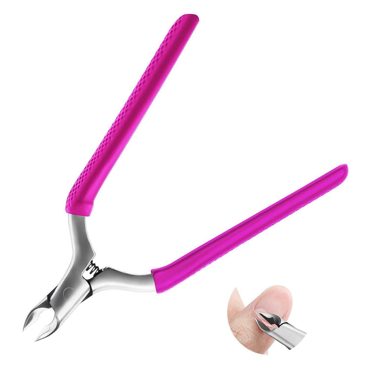 Nagel­knipser mit rosa­farbenem Griff und ge­wölbtem Schneid­kopf, geöffnet darge­stellt neben einer kleinen Ein­schub­grafik, die zeigt, wie der Knipser einen Finger­nagel schneidet.